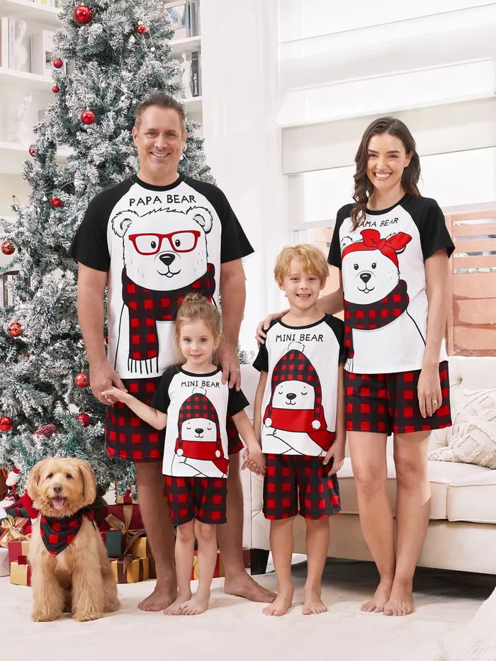 Christmas Pajamas Family Matching Xmas Bear Raglan Short Sleeves Top Plaid Shorts Pajamas Sets