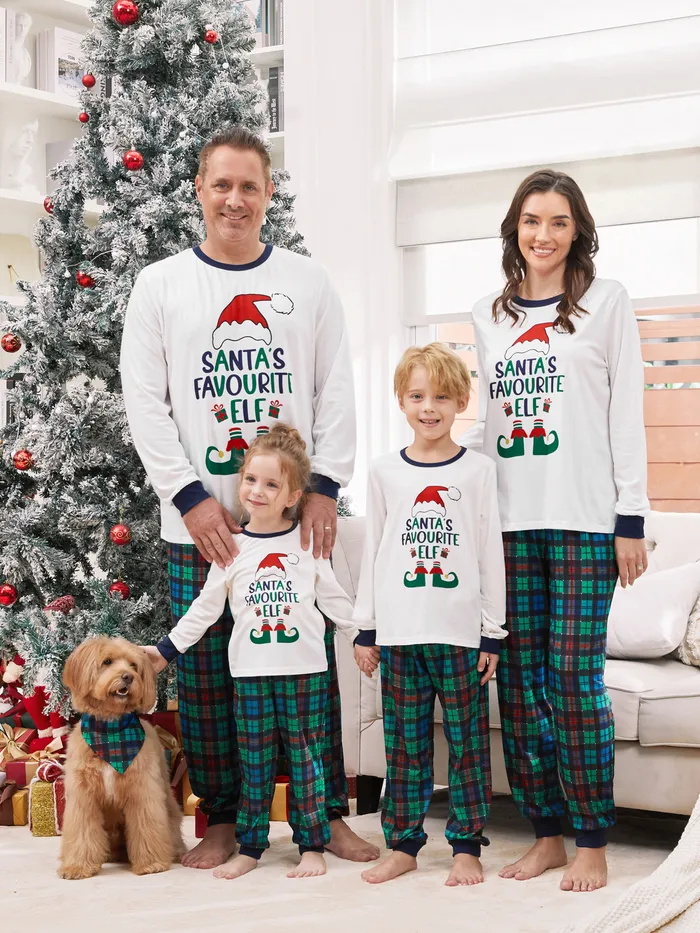 Familia navideña a juego con los conjuntos de pijamas de pantalones a cuadros ELF favoritos de Papá Noel 