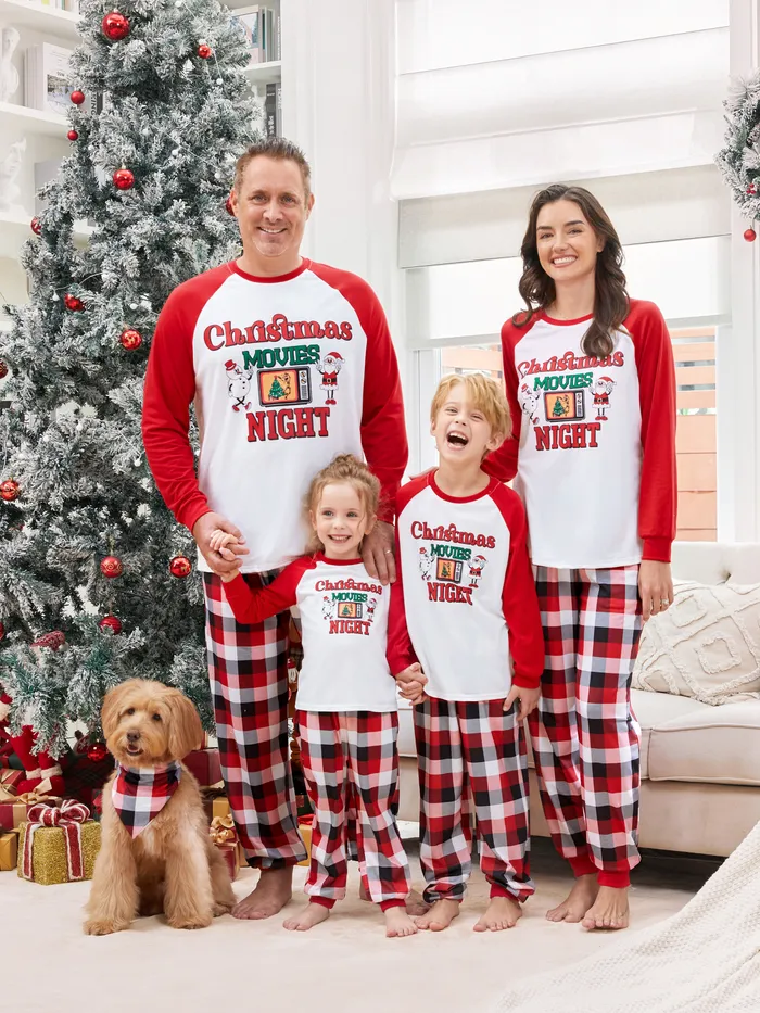 Noche de cine de Navidad Pijama a cuadros rojos Mangas raglán Patrón de Papá Noel y muñeco de nieve