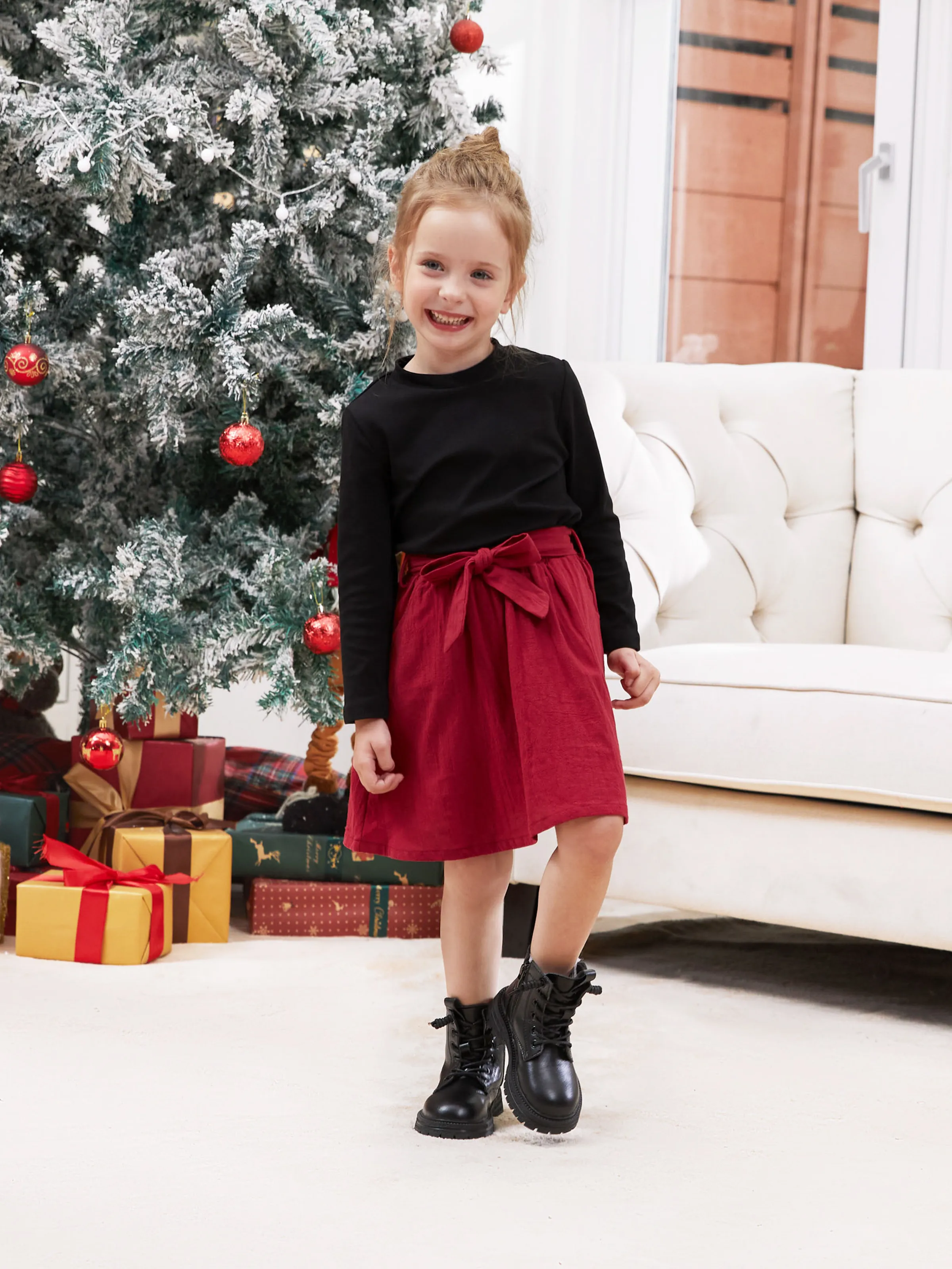 

Family Matching Sets Three-Color Block Sweatshirt or Black Long Sleeves Top Red Pleated Belted Skirt Co-ord Set