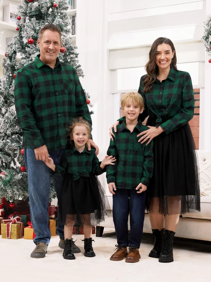 Famiglia Set Coordinati Camicia Verde Plaid Maniche Lunghe o Tulle Mesh Dress