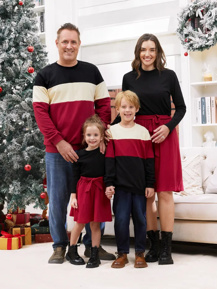 Family Matching Sets Three-Color Block Sweatshirt or Black Long Sleeves Top Red Pleated Belted Skirt Co-ord Set