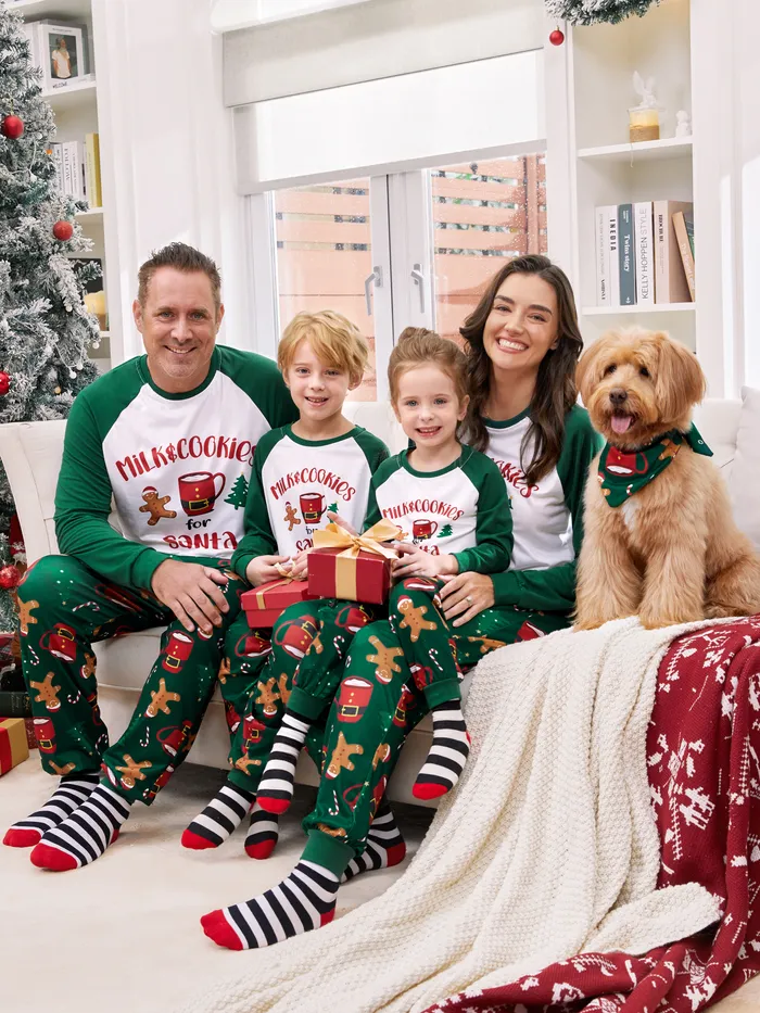 Christmas Family Pajamas Sets Raglan Sleeves Milk&Cookies for Santa Top and Allover Pants with Drawstring and Pockets ( Flame Resistant )