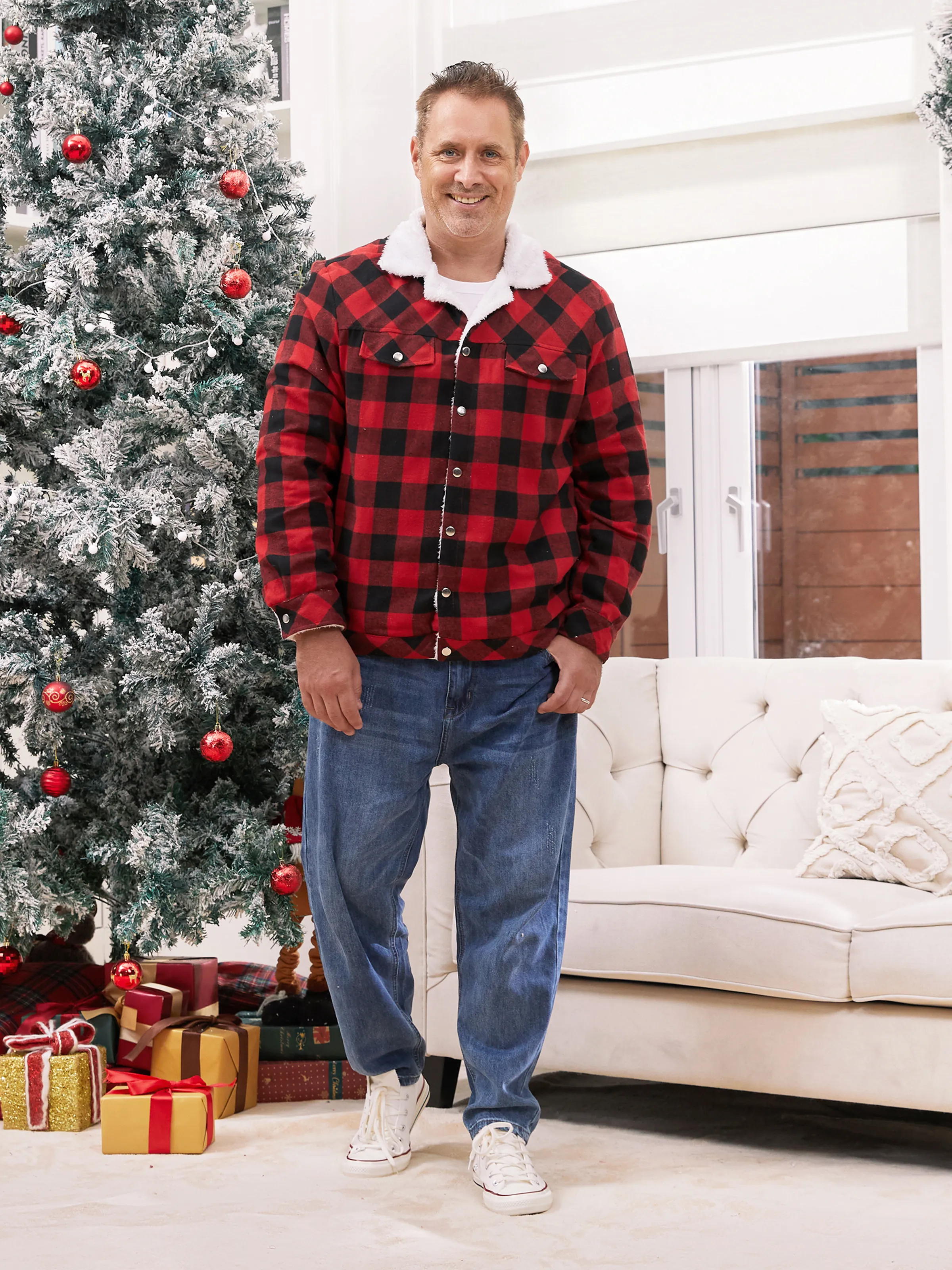 

Family Matching Fleece Jacket Red&Black Check Plaid Button Down Tops