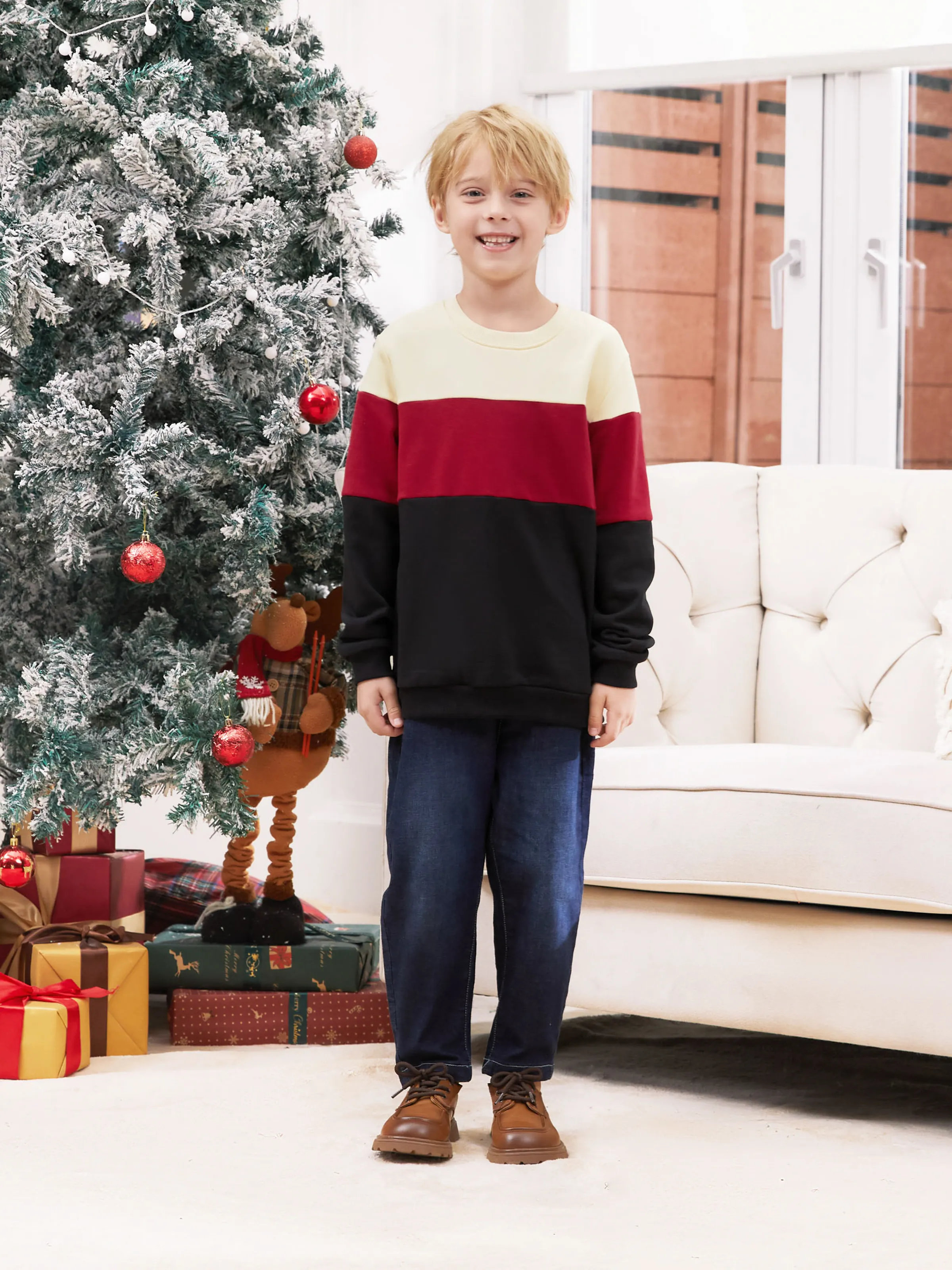 

Family Matching Sets Three-Color Block Sweatshirt or Black Long Sleeves Top Red Pleated Belted Skirt Co-ord Set