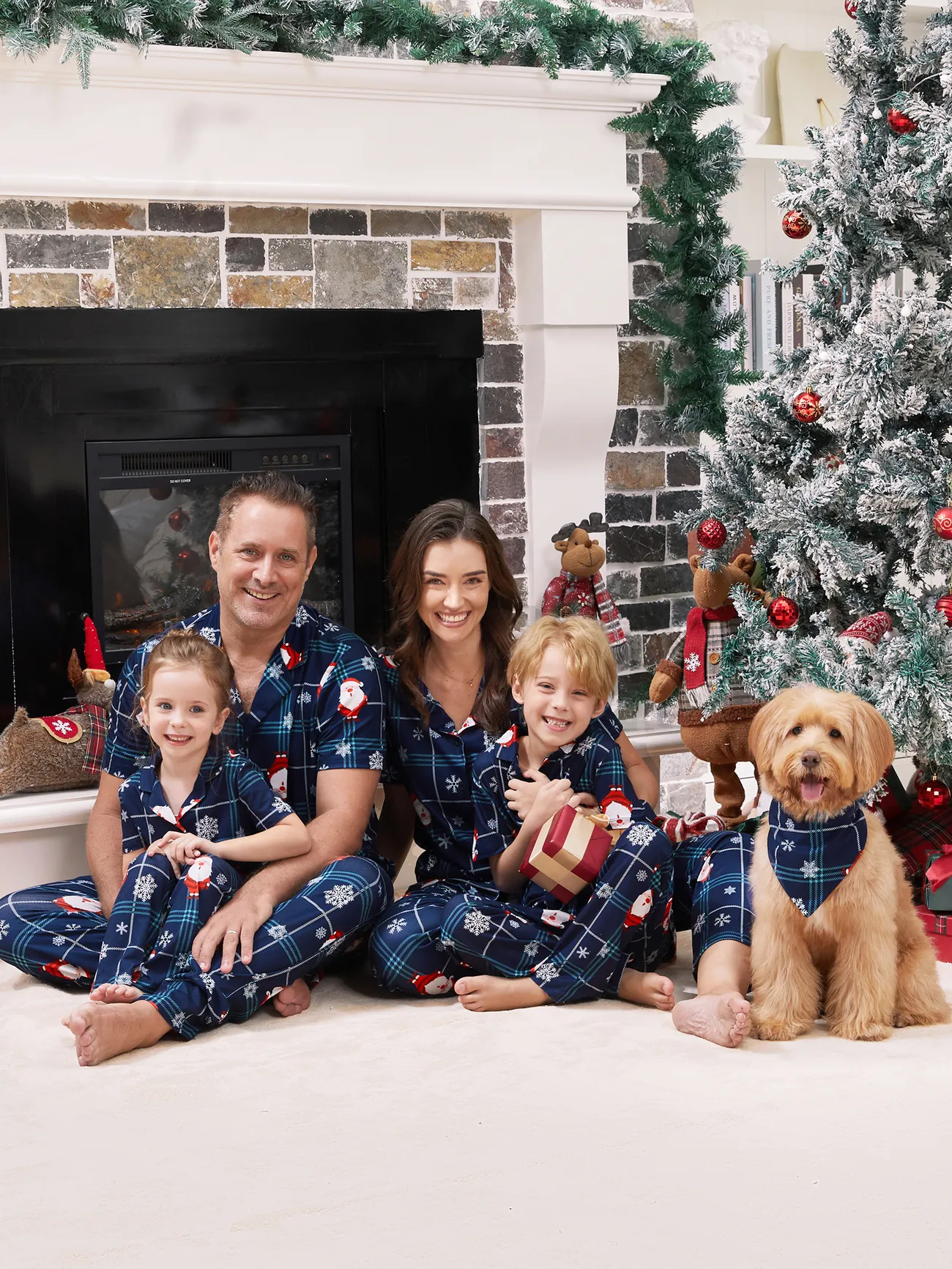 Family Matching Christmas Pajamas Short Sleeve with Collar (Blue, Santa Claus Pattern)