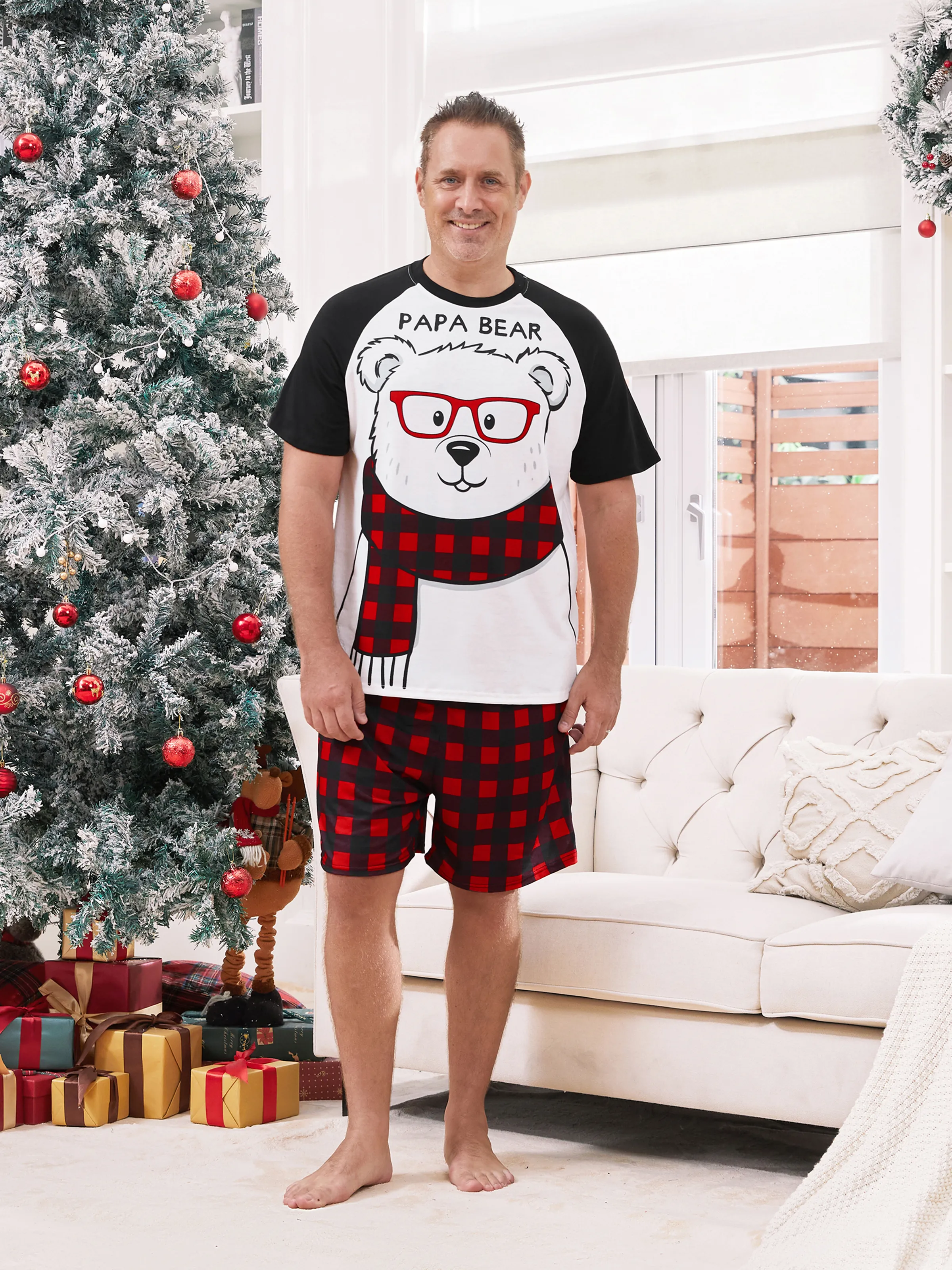 

Christmas Pajamas Family Matching Xmas Bear Raglan Short Sleeves Top Plaid Shorts Pajamas Sets