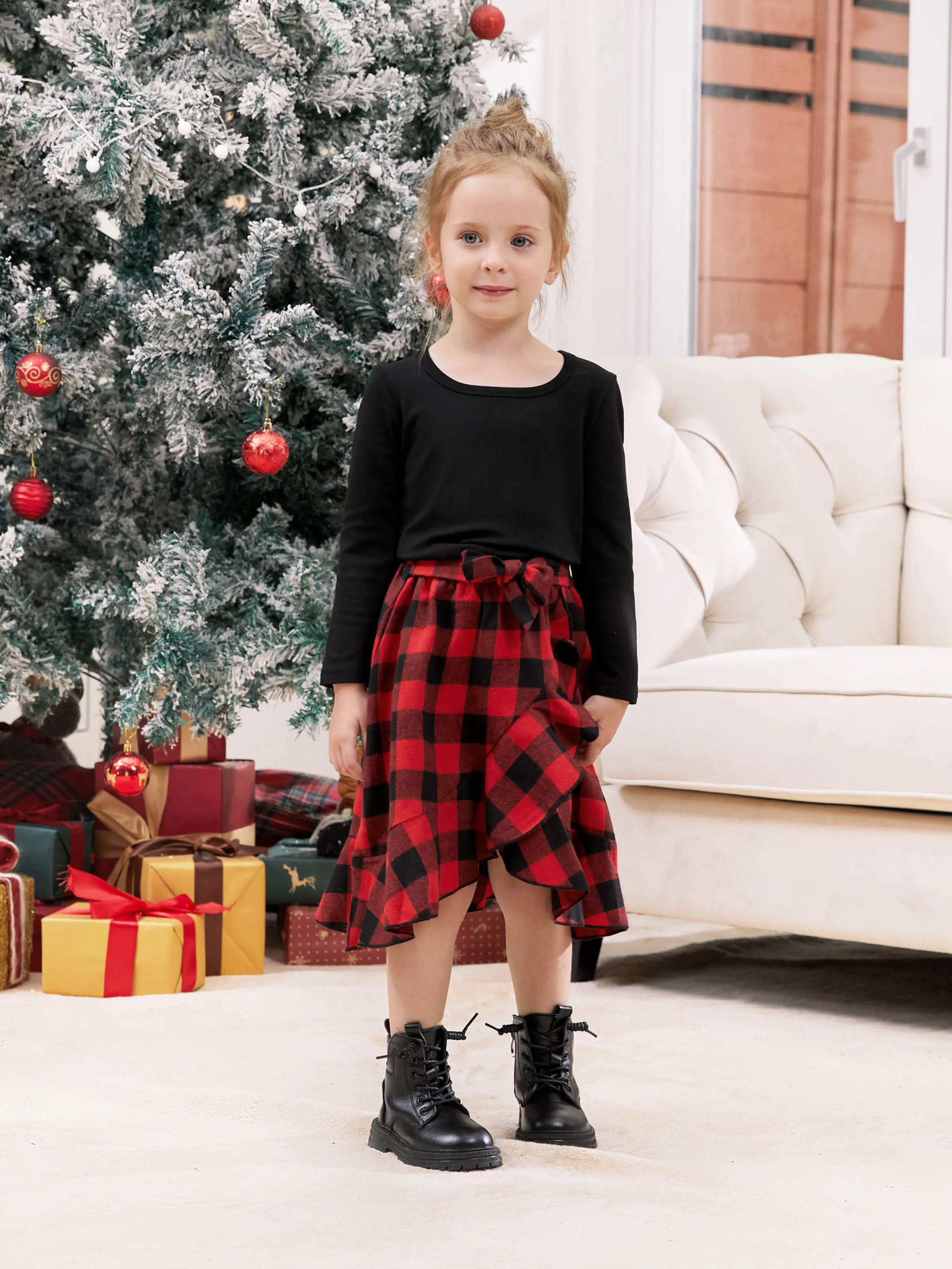 

Matching Family Outfits Black and Red Plaid Co-ord Sets Hi-Low Flowy Hemline