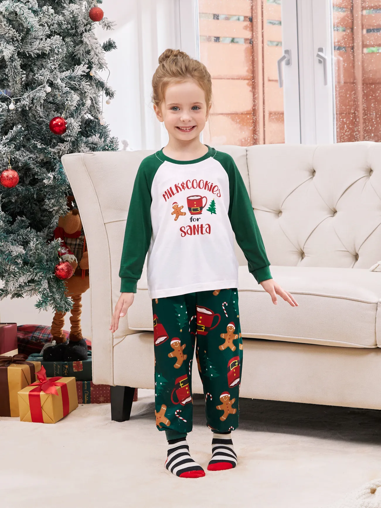 

Christmas Family Pajamas Sets Raglan Sleeves Milk&Cookies for Santa Top and Allover Pants with Drawstring and Pockets ( Flame Resistant )