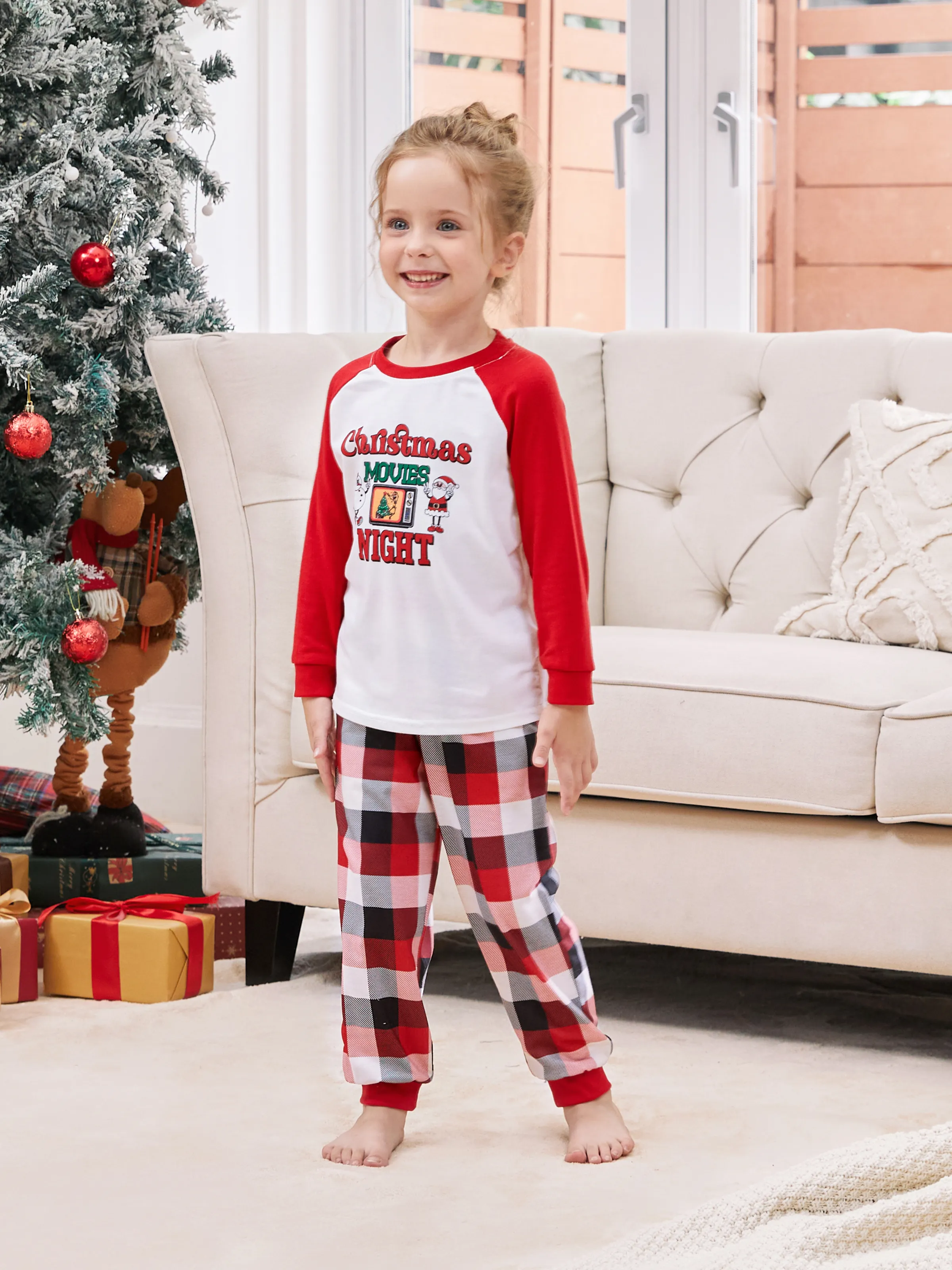 

Christmas Movie Night Red Plaid Pajamas Raglan Sleeves Santa and Snowman Pattern