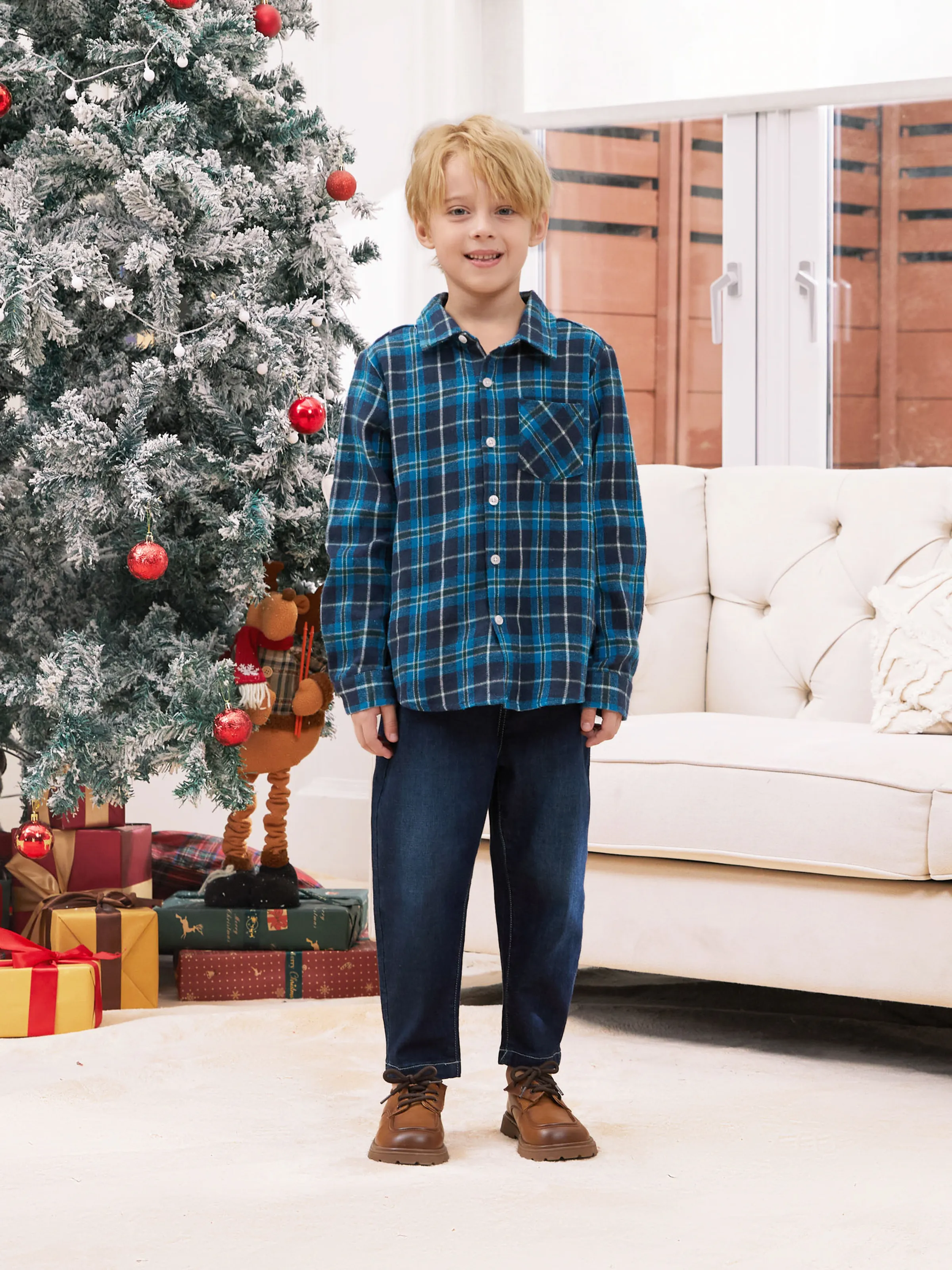 

Blue Matching Family Outfit Plaid Shirt and Velvet Dress (Long Sleeves)