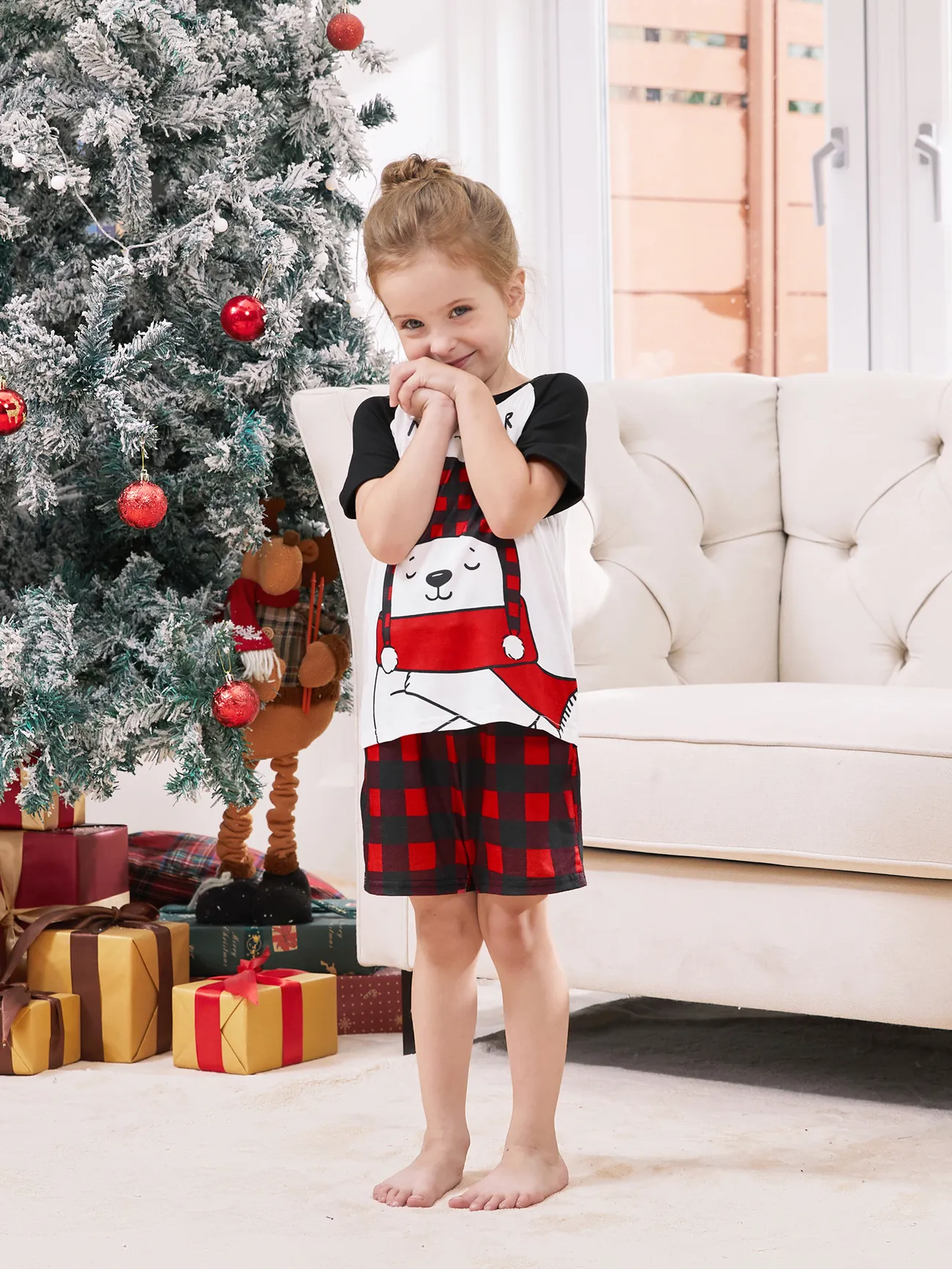 

Christmas Pajamas Family Matching Xmas Bear Raglan Short Sleeves Top Plaid Shorts Pajamas Sets