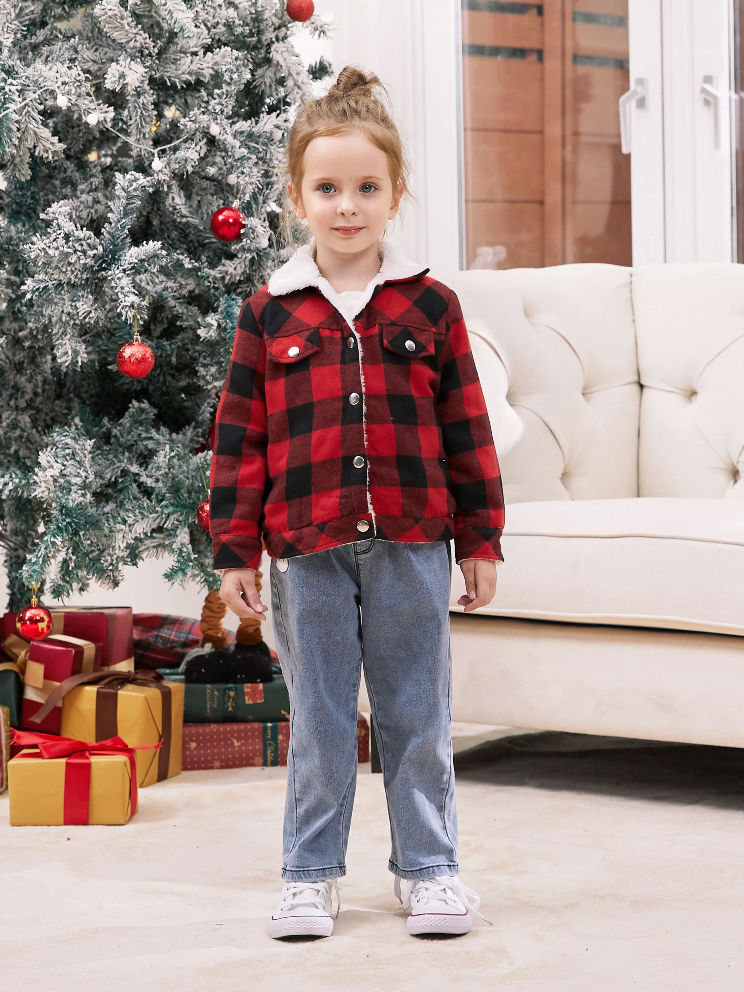 

Family Matching Fleece Jacket Red&Black Check Plaid Button Down Tops