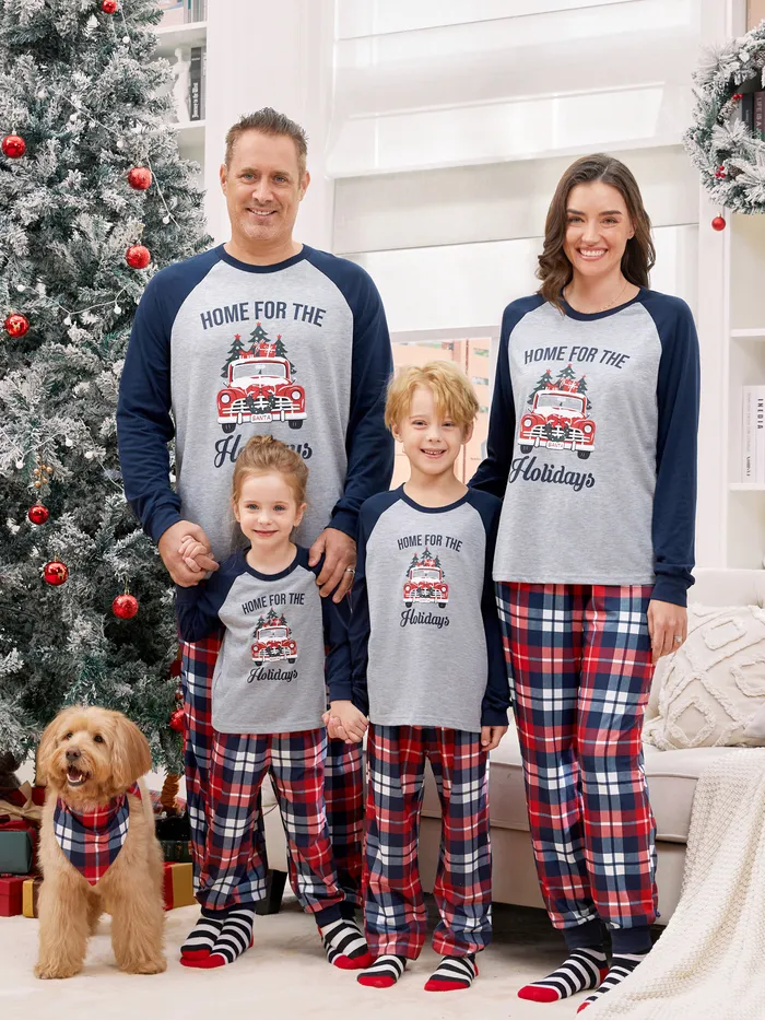 Christmas Family Raglan Sleeves Christmas Tree Delivery Truck Graphic Plaid Pants Pajamas Sets with Drawstring and Pockets 