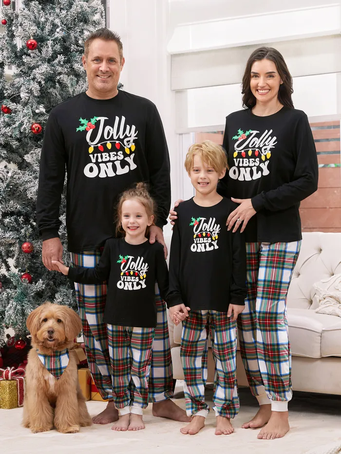 Christmas Pajamas Family Matching Xmas Light Jolly Vibes Long Sleeves Top Plaid Pants Pajamas Sets