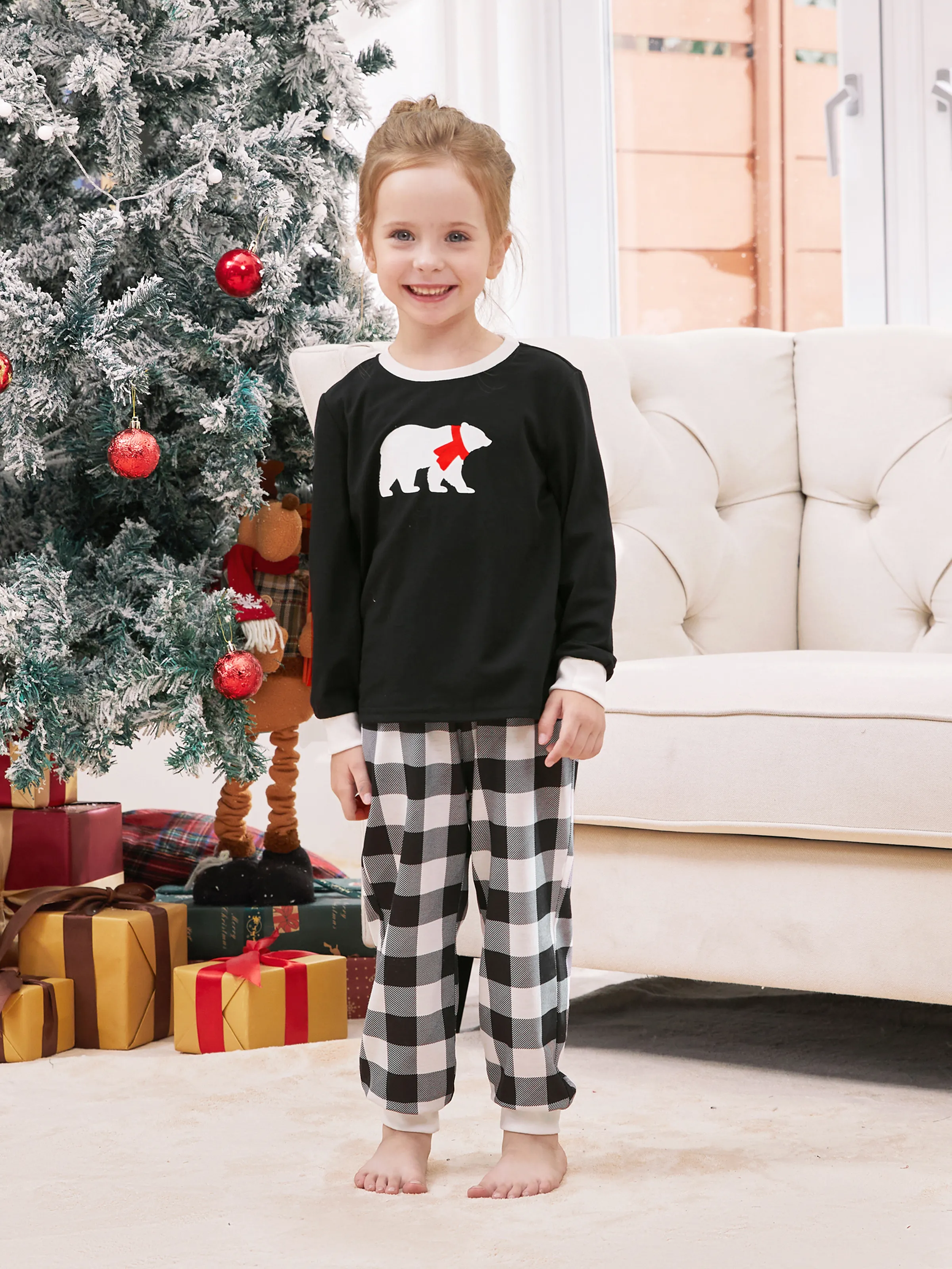 

Christmas Family Pajamas Sets Glow in the Dark Polar Bear Top and Checkered Plaid Pants