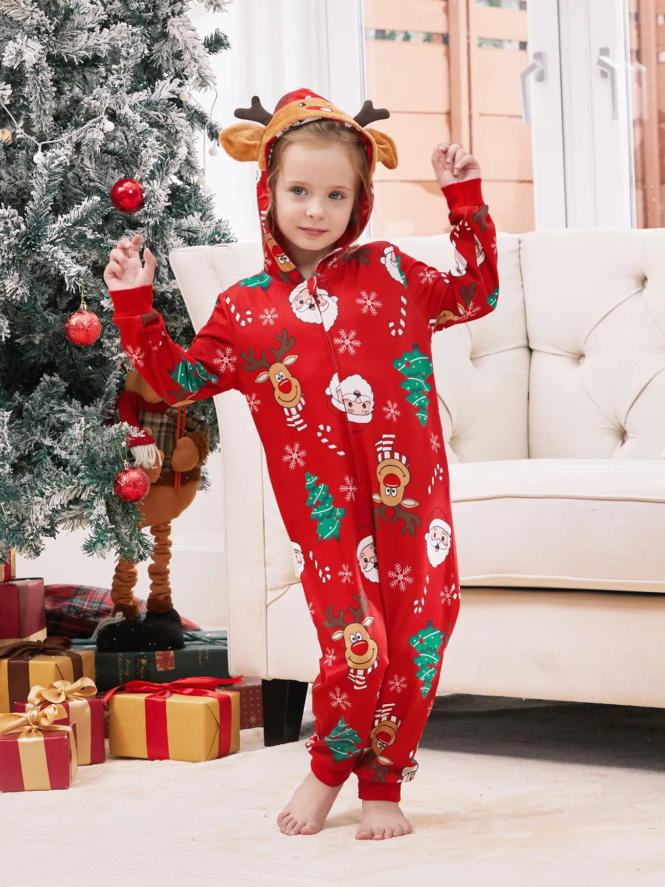 

Christmas Family Pajamas Sets 3D Reindeer Hooded Allover Print Onesies Pajamas