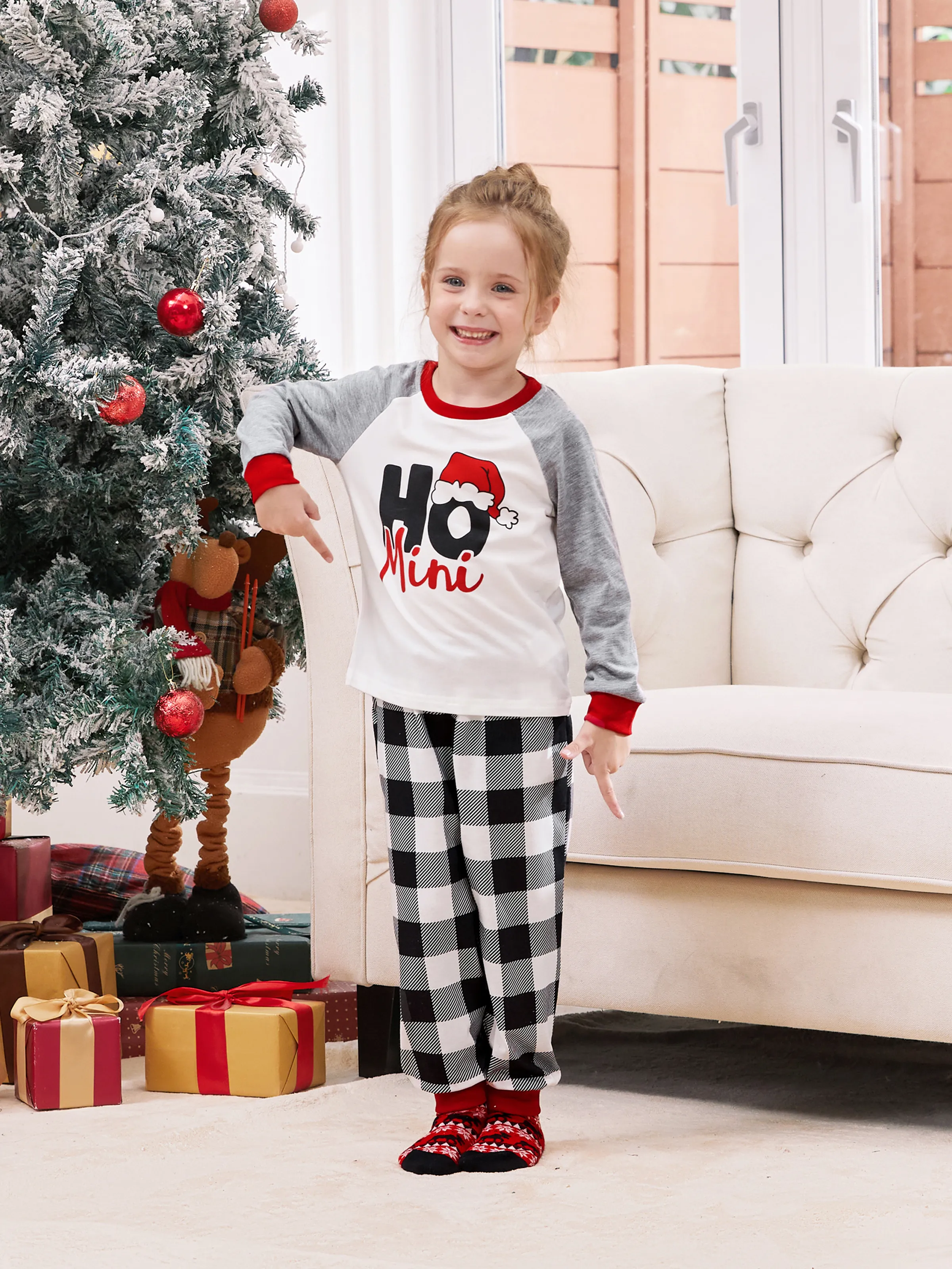 

Christmas Pajamas Family Matching Raglan Sleeves Top Plaid Pants PJs Sets