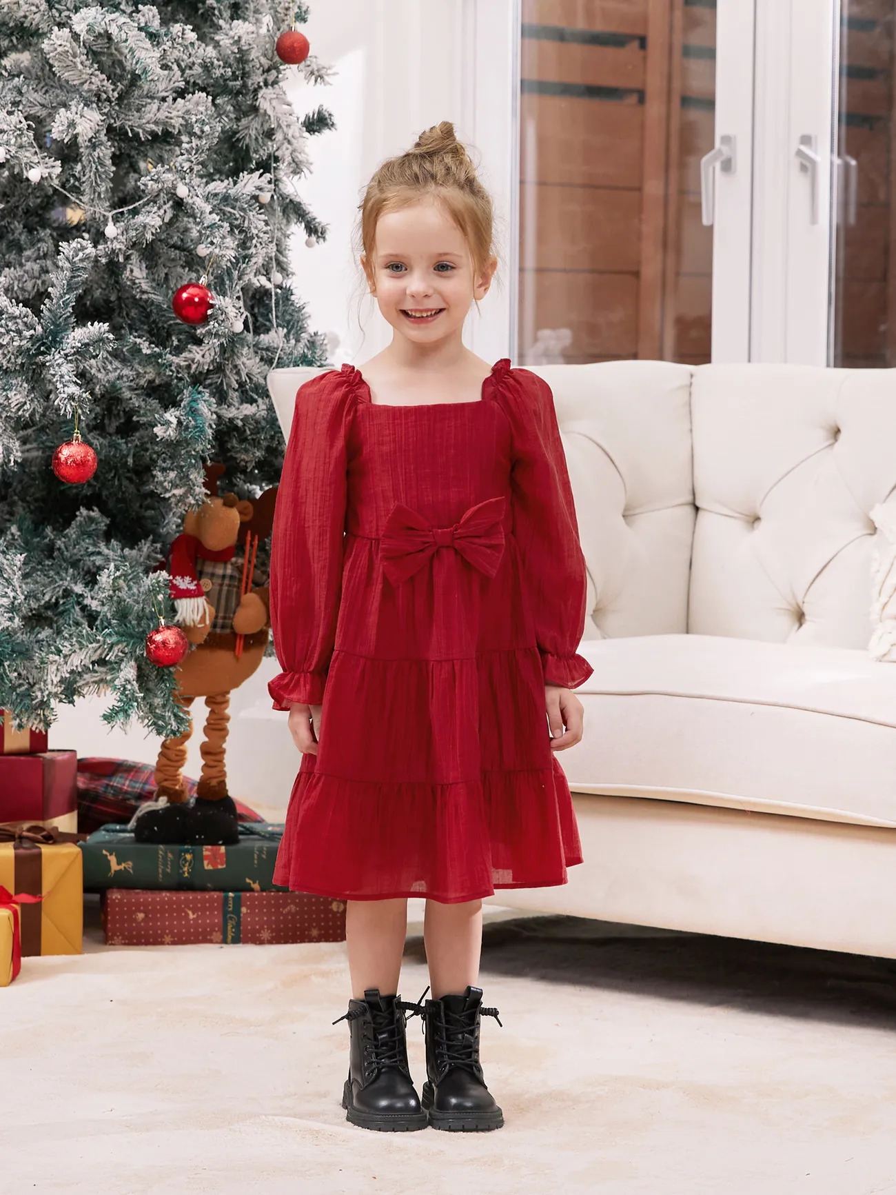 

Family Matching Sets Red Ribbed Cardigan or Long Sleeves Bow Detail Shirred Back Tiered Dress