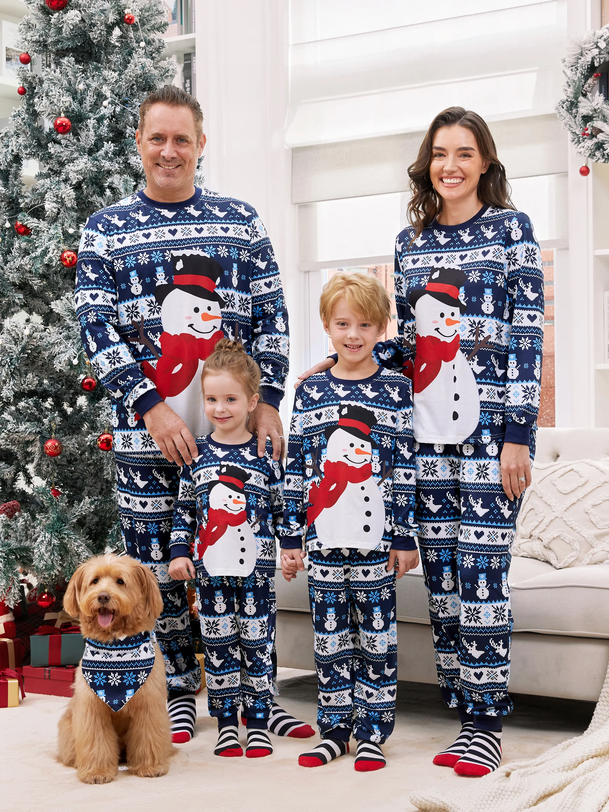 Snowman Pajamas Allover Pattern Blue Christmas Pajamas (Long Sleeves)