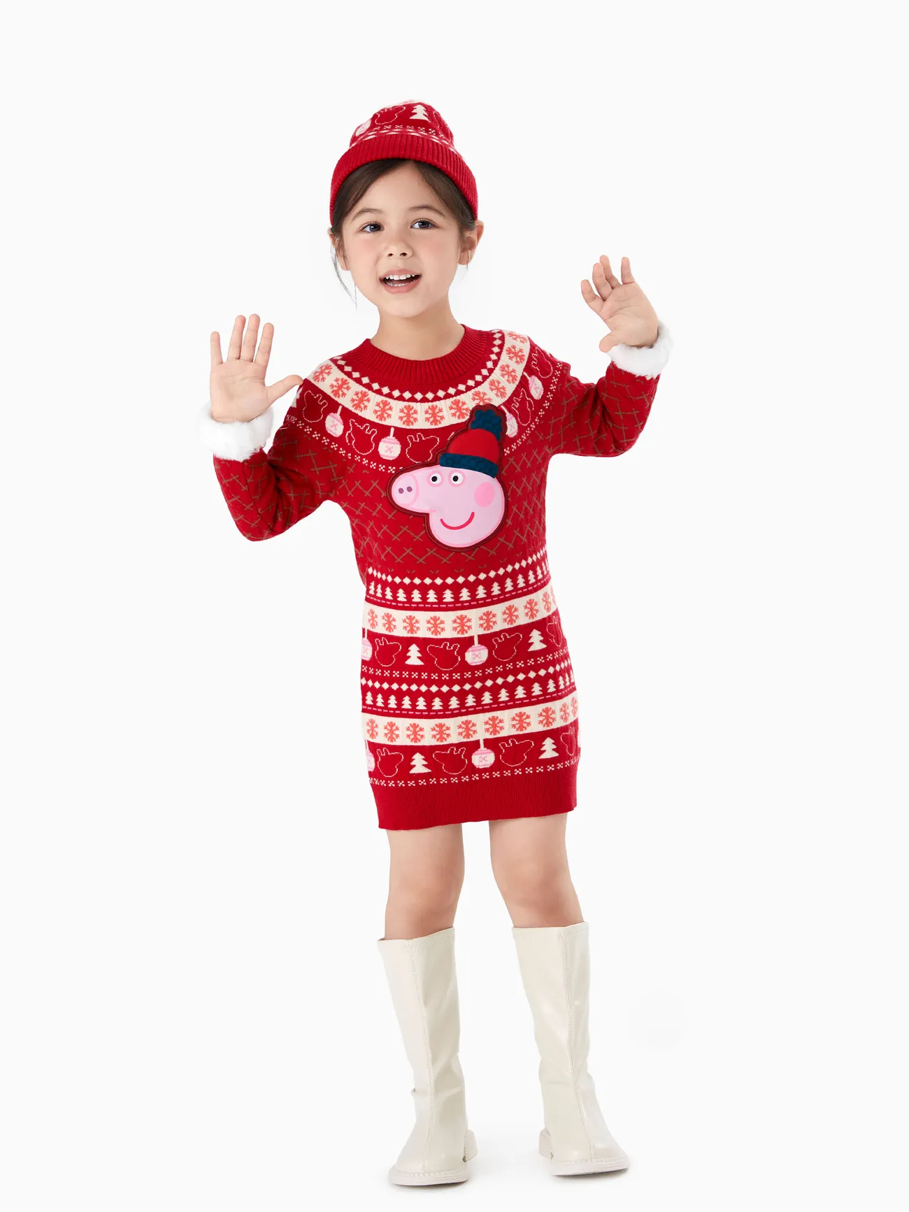 

Peppa Pig Toddlers Girl 2pcs Christmas Pattern Knitted Dress With Hat Set