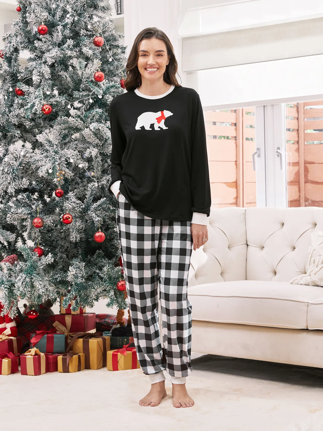 

Christmas Family Pajamas Sets Glow in the Dark Polar Bear Top and Checkered Plaid Pants