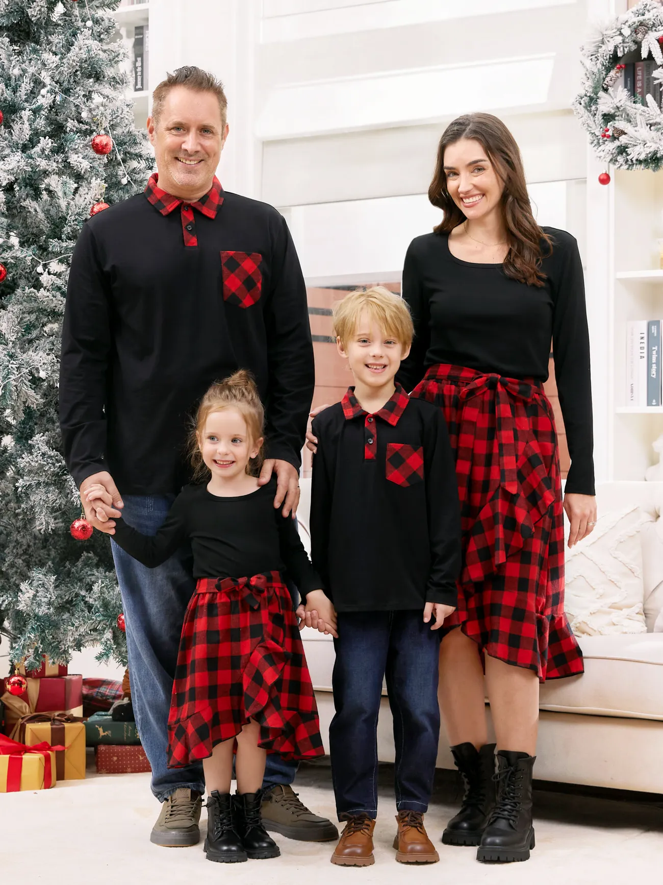 Matching Family Outfits Black and Red Plaid Co ord Sets Hi Low Flowy Hemline