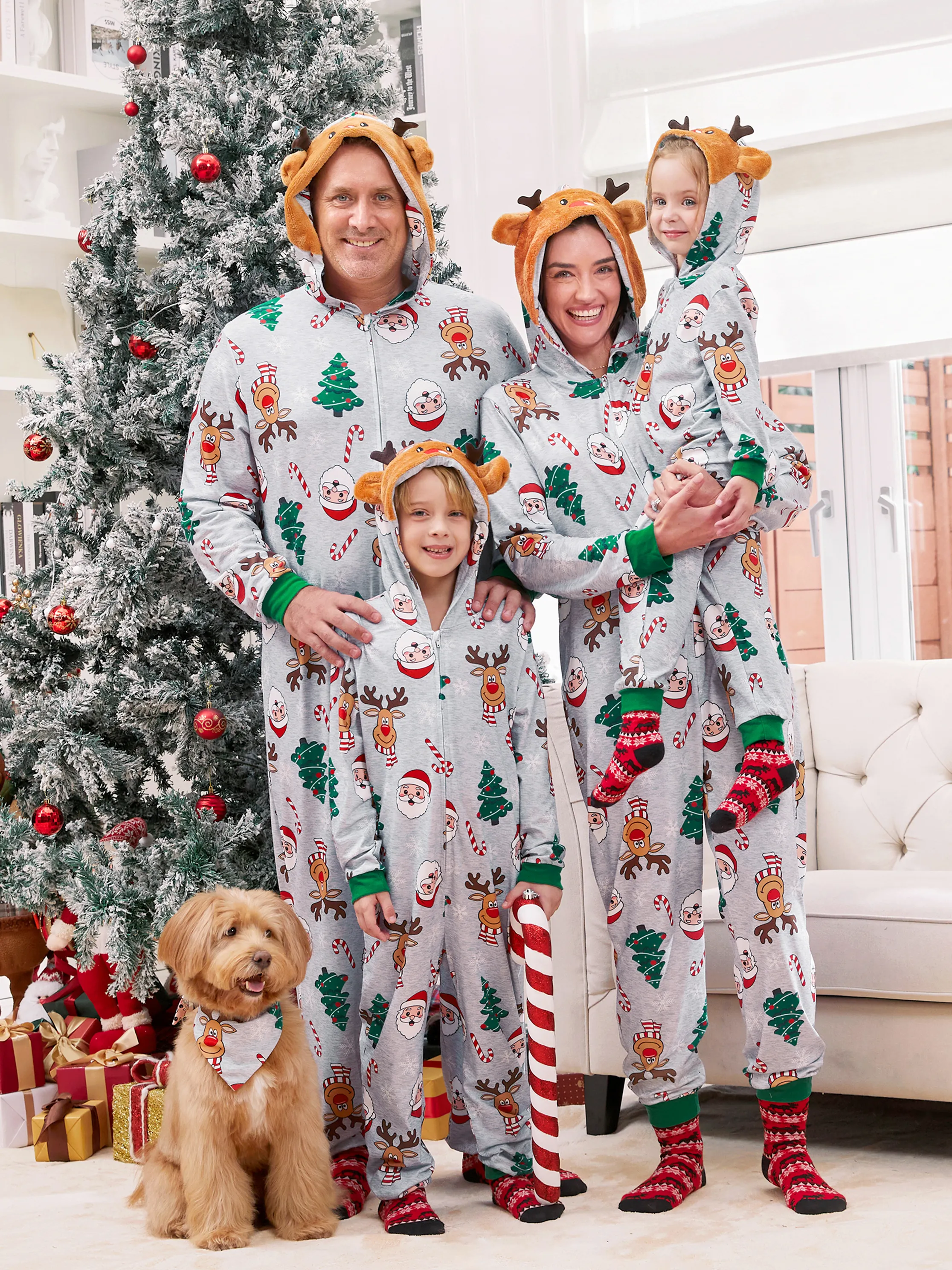 Christmas Onesie Grey - Matching Pajamas with XMS Pattern & Zipper