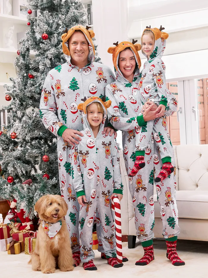 Grey Christmas Pajamas 3D Reindeer Pattern Zipper Onesies Matching Family Outfits