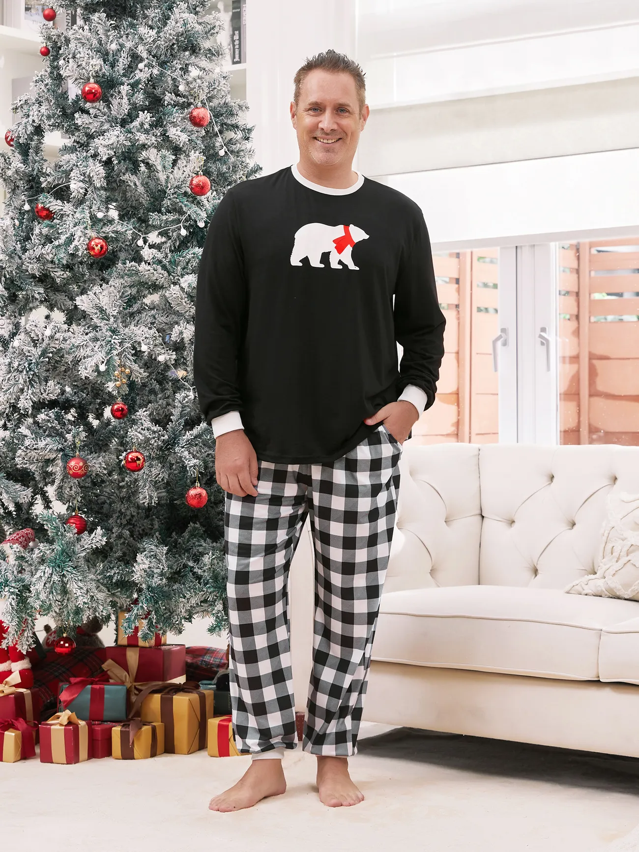 

Christmas Family Pajamas Sets Glow in the Dark Polar Bear Top and Checkered Plaid Pants