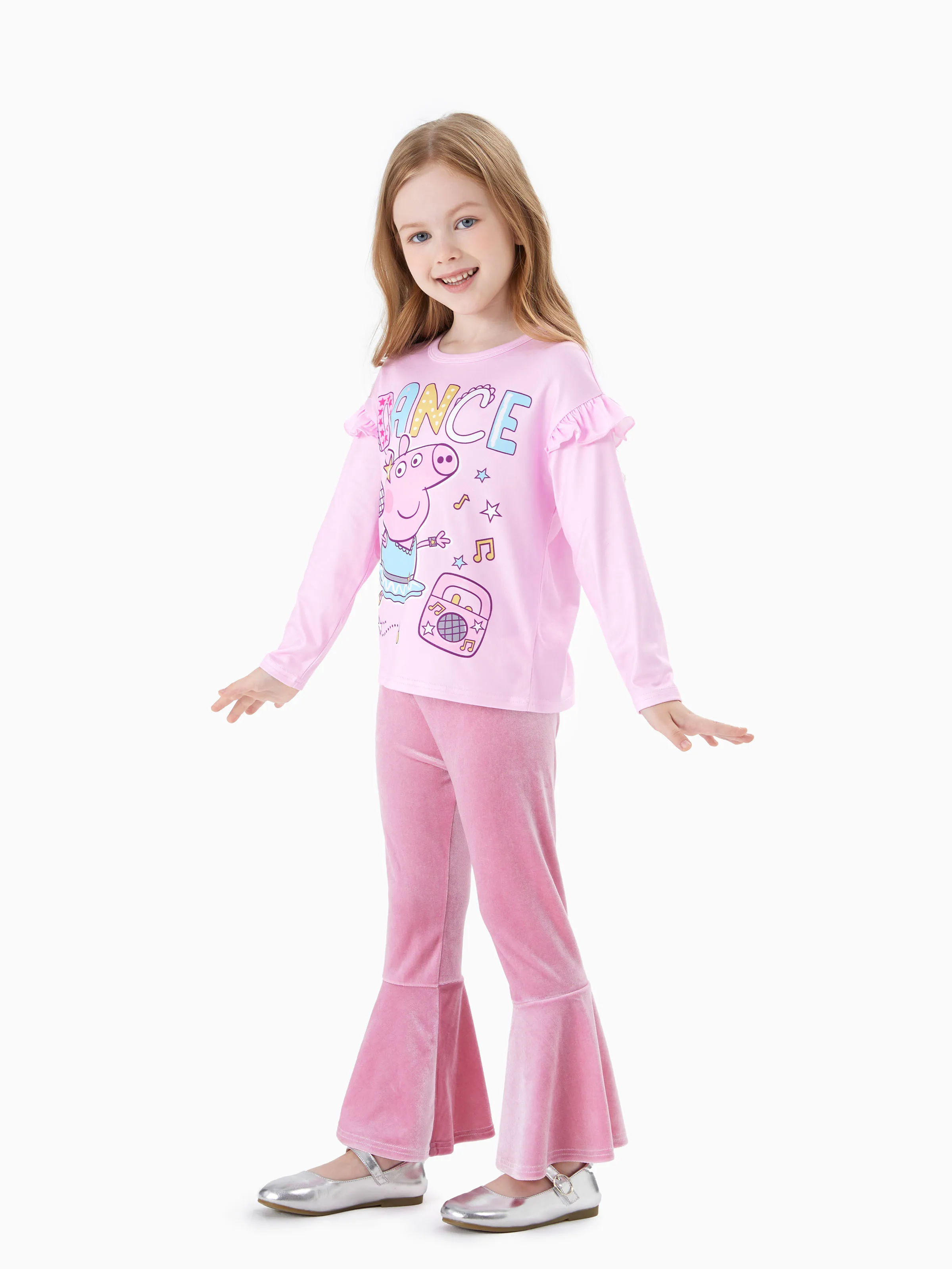 

Peppa Pig Toddler Girl 2pcs Character Party Print Ruffled Long-sleeve Top And Velvet Flared Pants Set