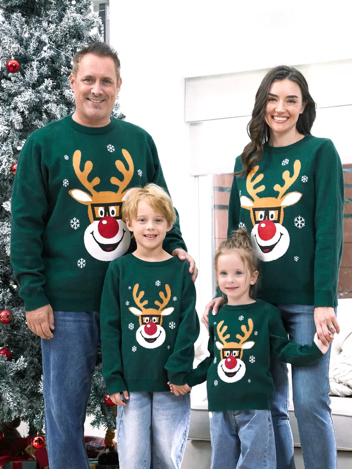 Green Christmas Sweater Matching Outfits Reindeer in Glasses Graphic Long Sleeves