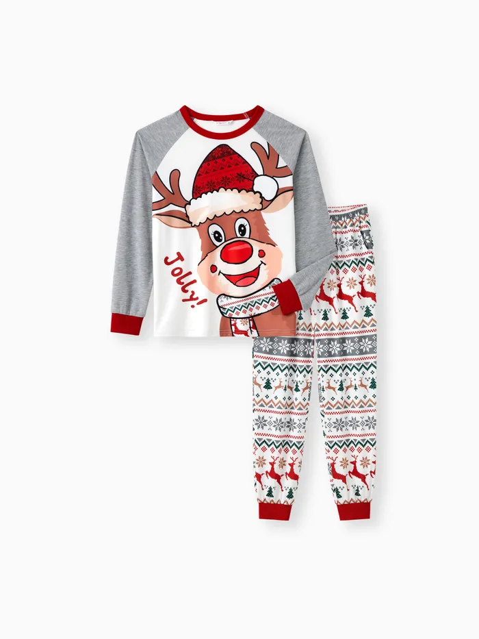 Matching Couple Outfits Christmas Pajamas Raglan Sleeves Cartoon Reindeer Graphic Allover Pattern Pants PJs Sets 