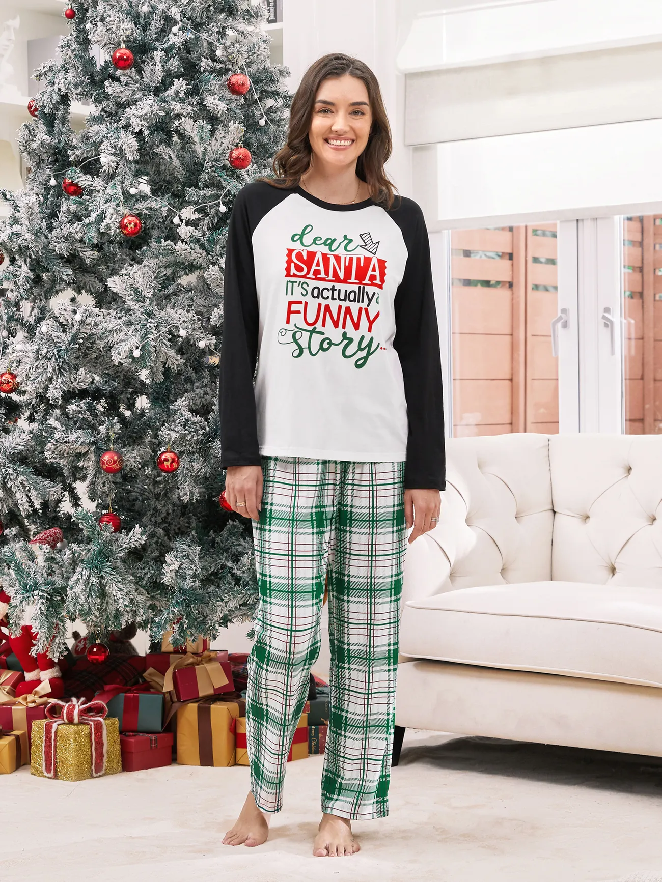 

Christmas Pajamas Raglan Sleeves Green Plaid Pants Long Sleeves PJs Sets for Family