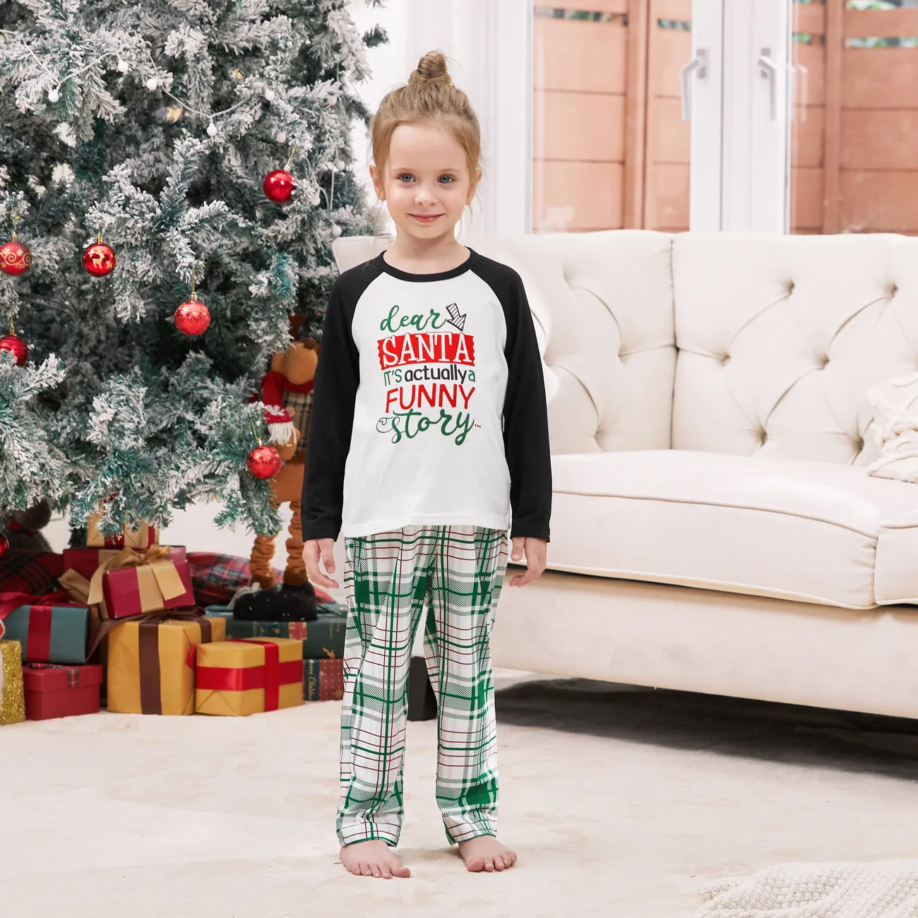 

Christmas Pajamas Raglan Sleeves Green Plaid Pants Long Sleeves PJs Sets for Family