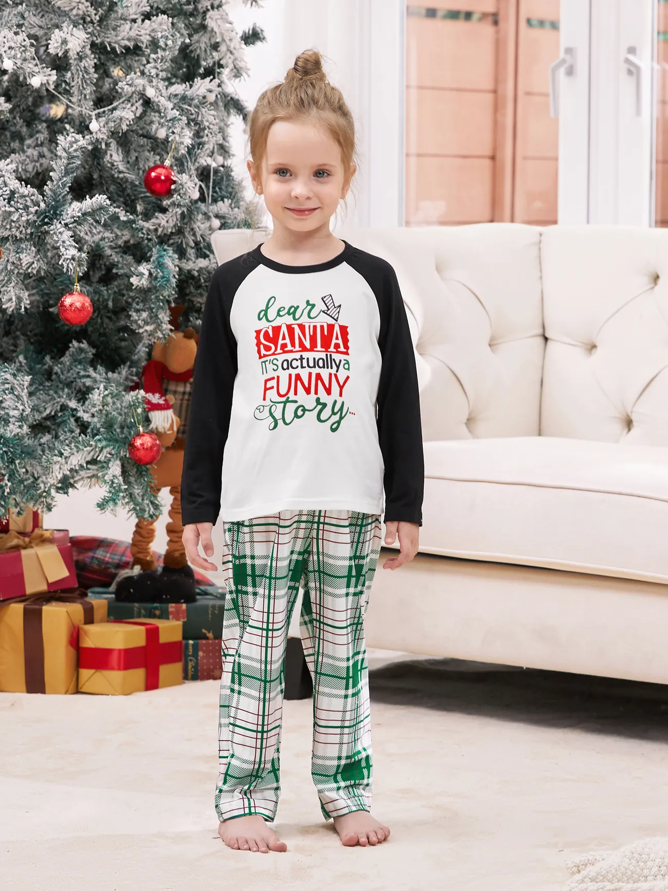 

Christmas Pajamas Raglan Sleeves Green Plaid Pants Long Sleeves PJs Sets for Family