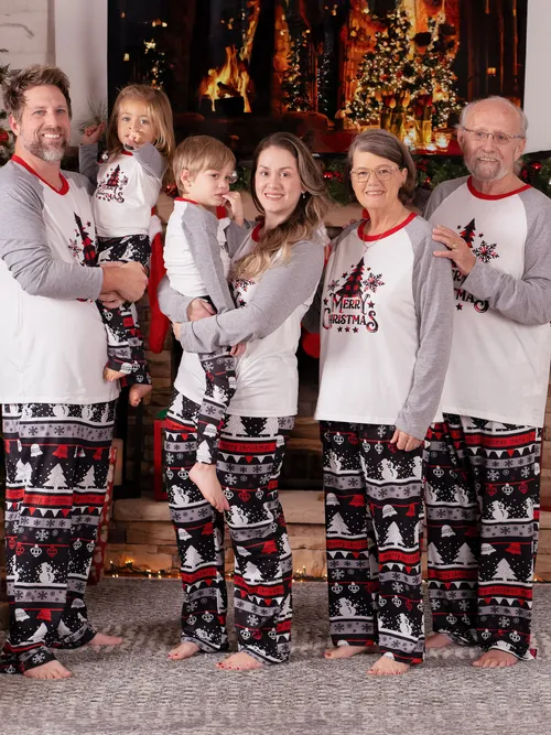 Matching Christmas Pajamas Grey - XMS Tree Snowflake and Letters Print