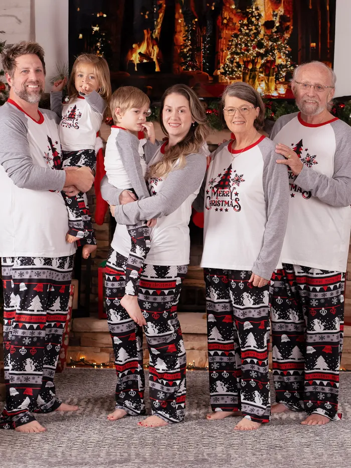 Matching Christmas Pajamas Grey - XMS Tree Snowflake and Letters Print