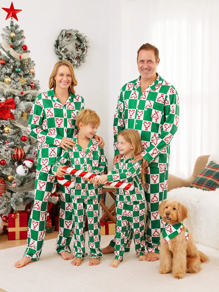 Conjuntos de pijamas con cuello de diseño de corazón de caramelo a cuadros verdes y blancos a juego con la familia de Navidad