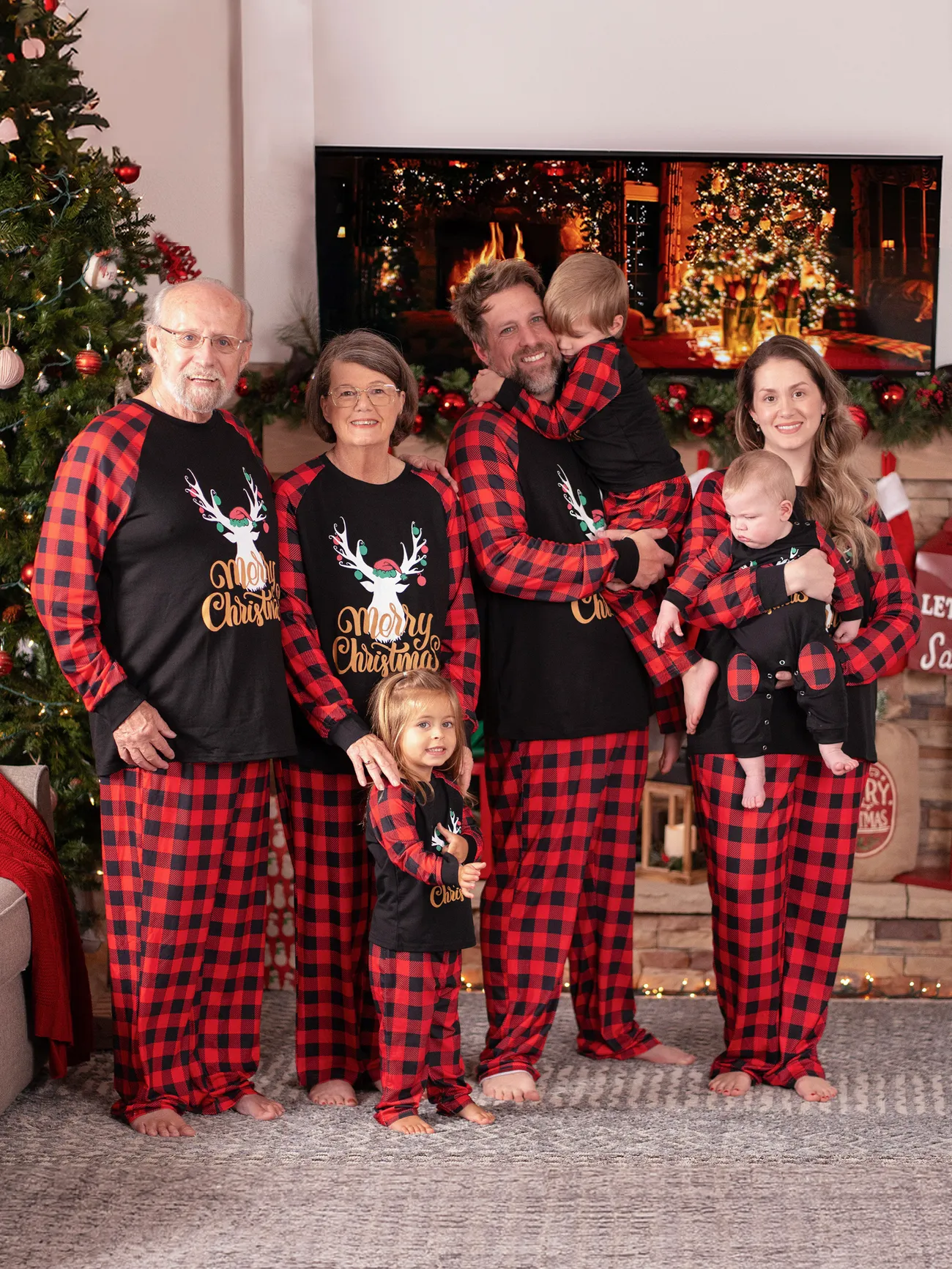 Christmas Pajamas for Family Plaid Pjs Letter Antler Print