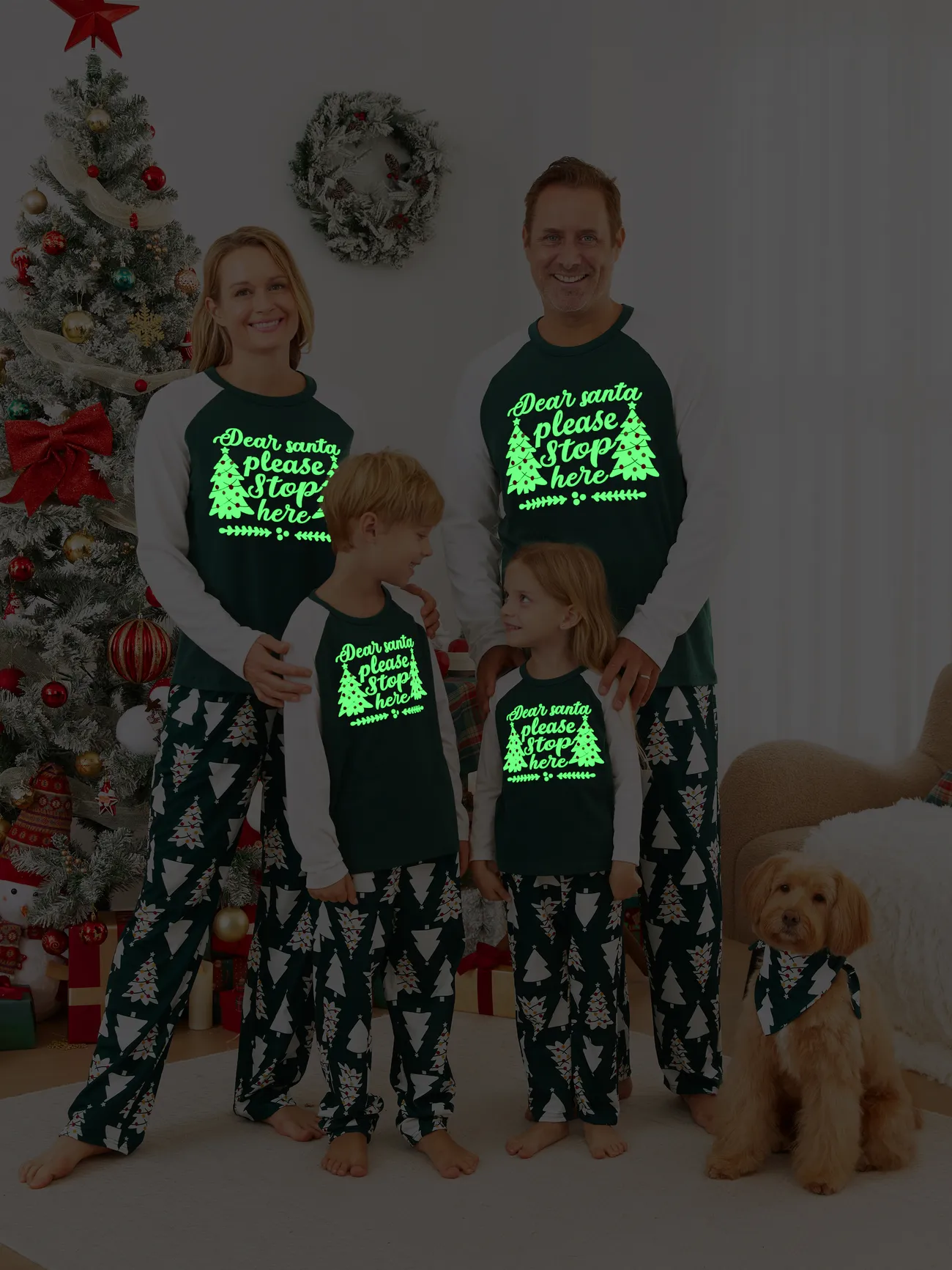 Green Family Pajamas Christmas Tree Glow in the Dark (The PJs Pants with Pockets and Drawstring)