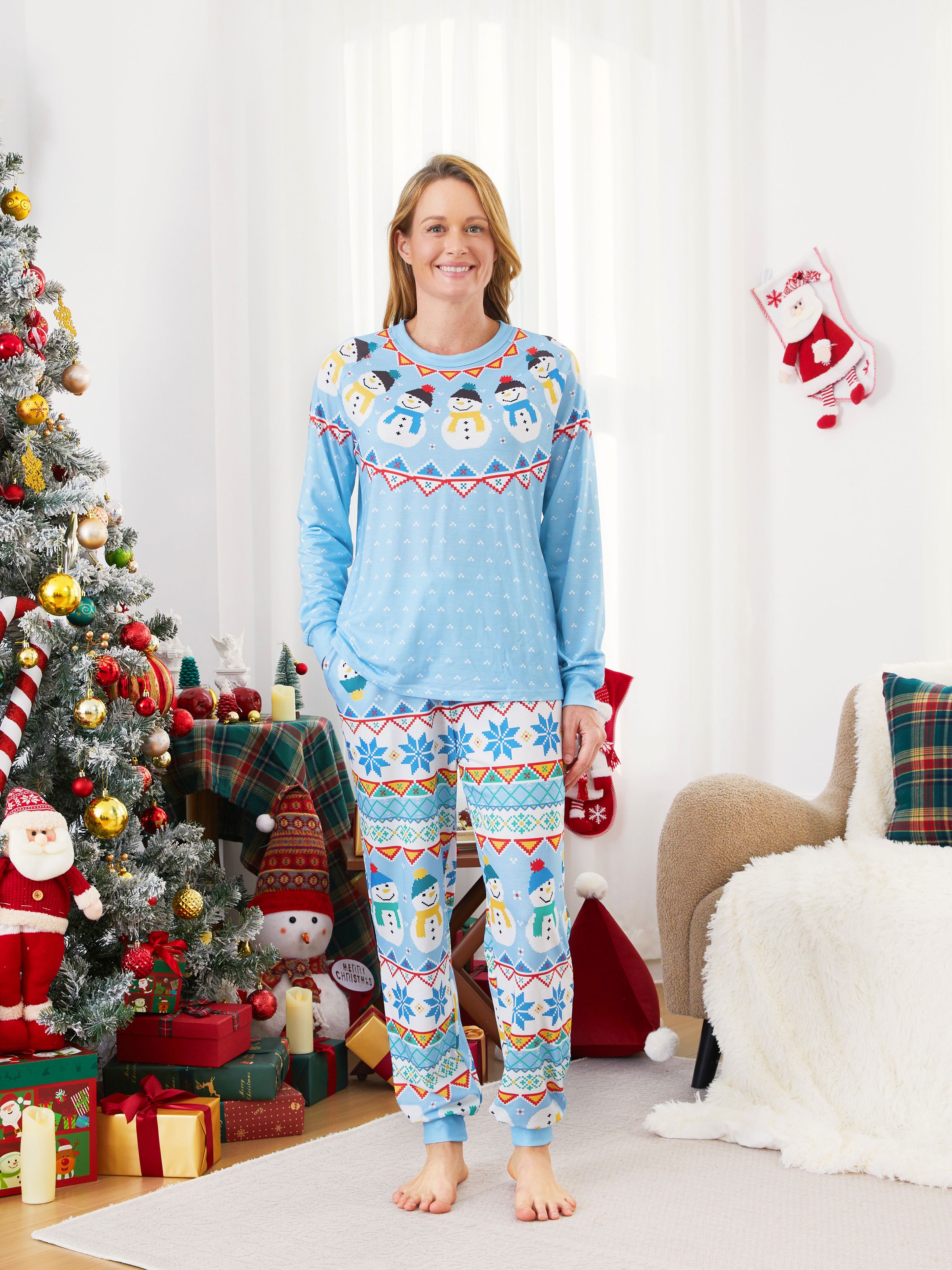 Blue Matching Christmas Pajamas Snowman Pattern Long Sleeves Family PJs Sets