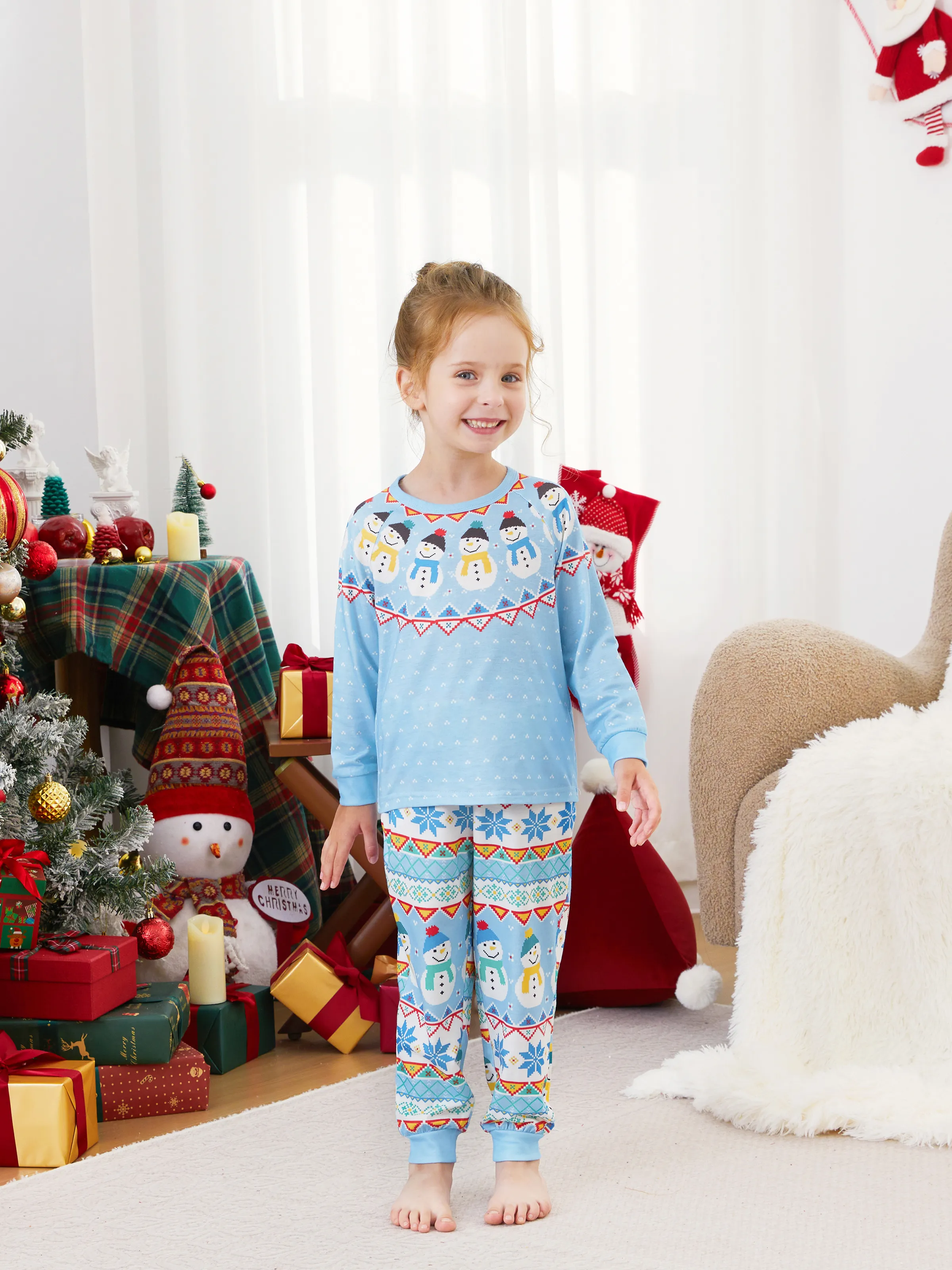 

Blue Matching Christmas Pajamas Snowman Pattern Long Sleeves Family PJs Sets