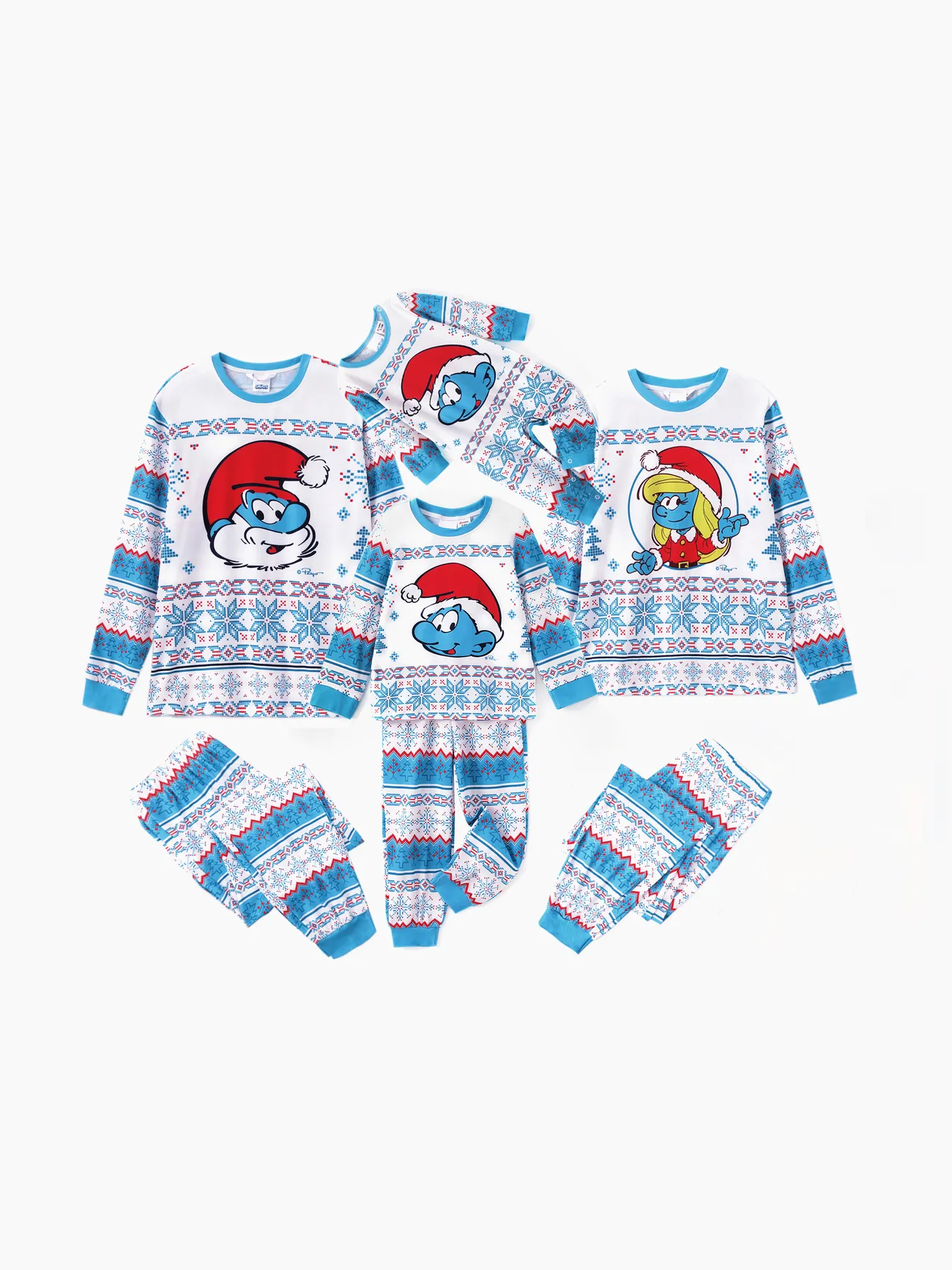 The Smurfs Family Matching Christmas Character Snowflake Print Long-sleeve Pajamas Set (Flame Resistant)