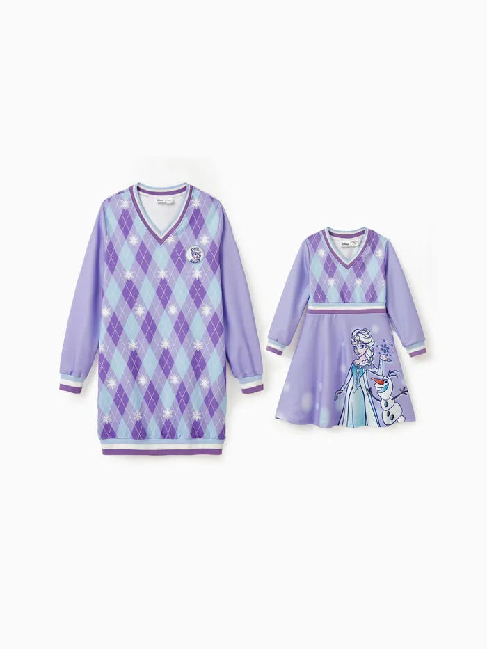 Disney Frozen Mommy And Me 1pc Elsa & Olaf Snowflake Rhombus Pattern Long-sleeve Dress 