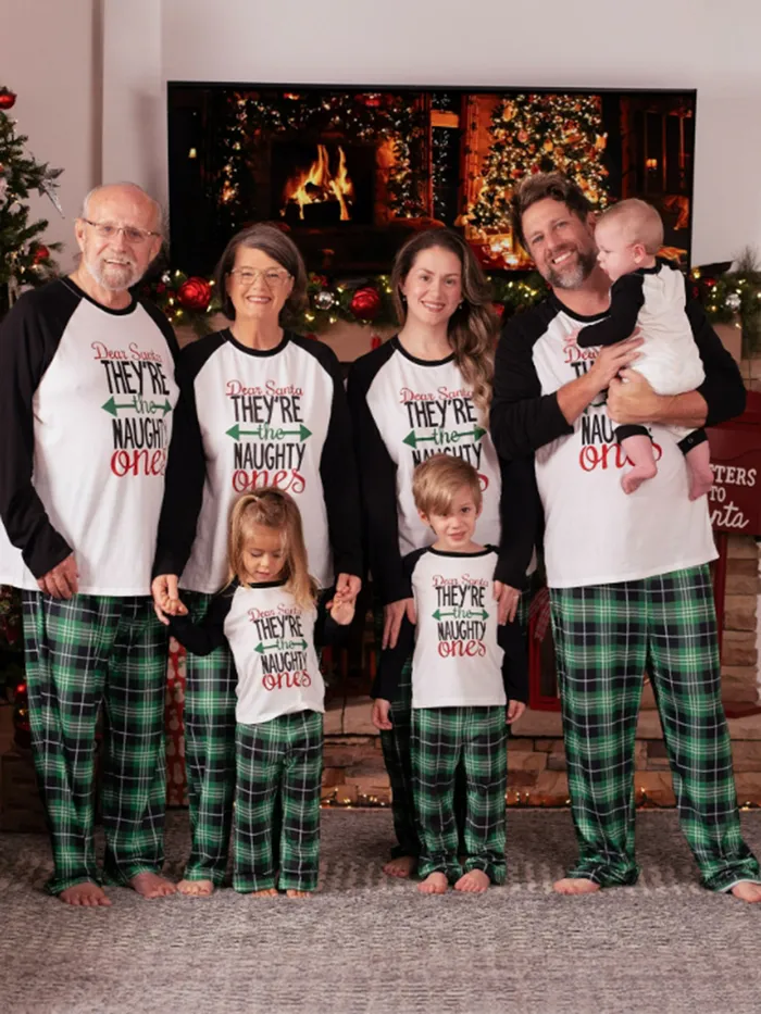 Christmas Letter Contrast Top and Plaid Pants Family Matching Pajamas Sets