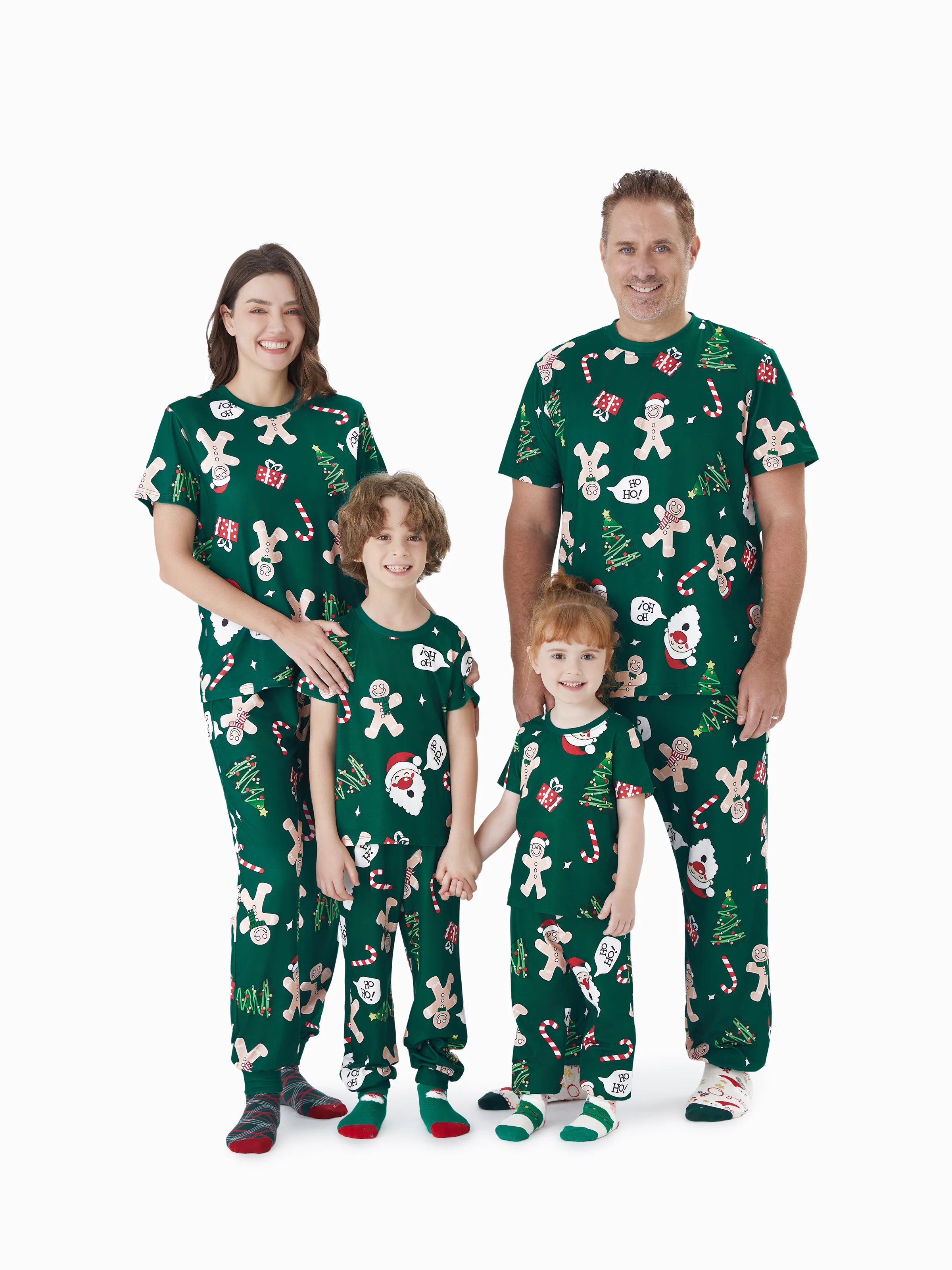 Green Christmas Pajamas with Gingerbread Man Pattern Short Sleeve Matching Family Pajamas