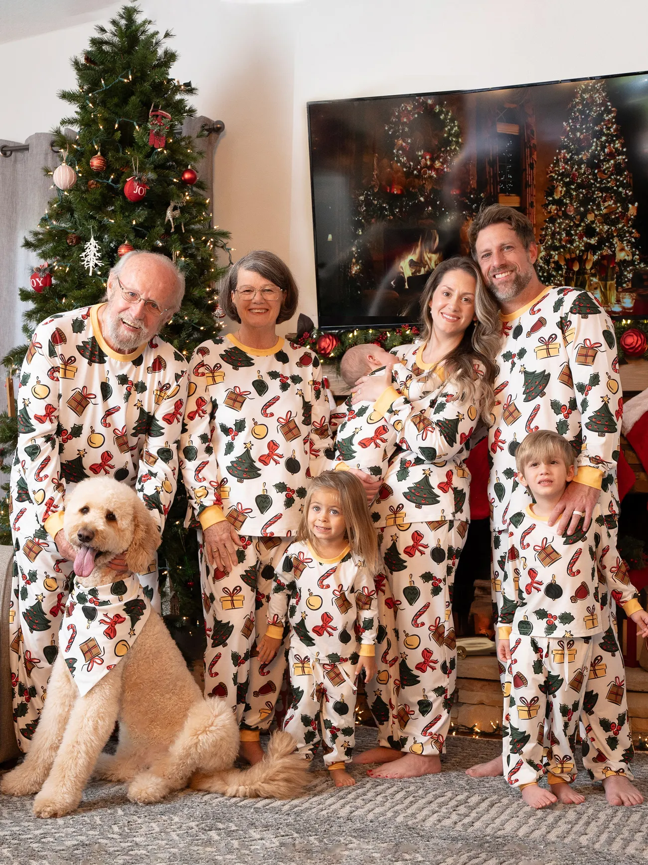 Christmas Family Matching Allover Christmas-Theme Pattern Pajamas Sets with Drawstring and Pockets 