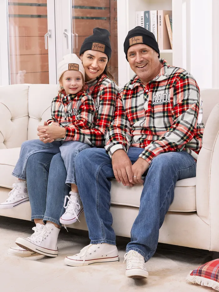 Family Matching Flannel Fleece Red Plaid Button Mid-Neck Pullover 