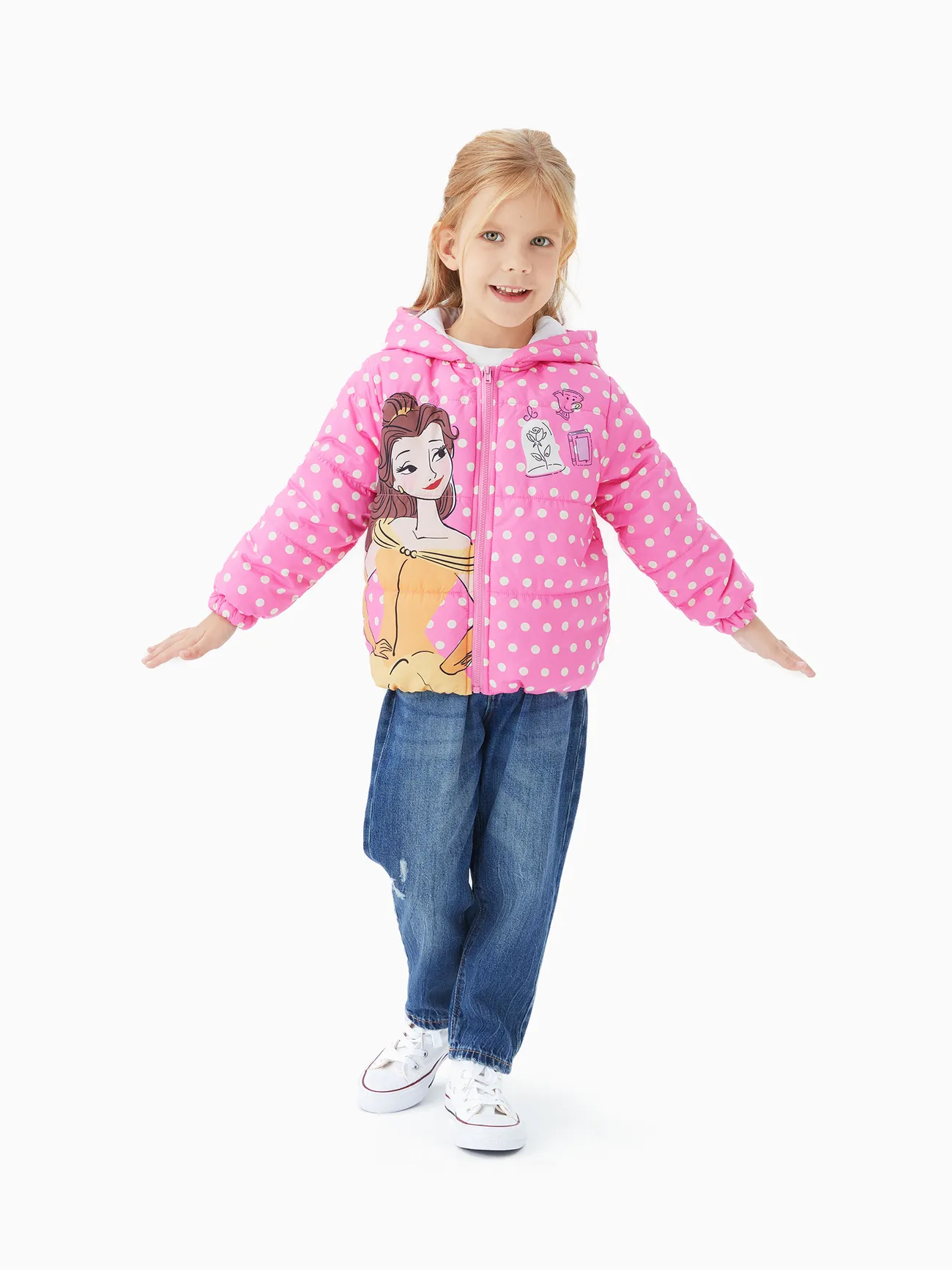 

Disney Princess Toddler Girl 2pcs Cindere/Belle/Ariel Heart/Dots/Gradient Print Hooded Jacket Coat With Storage Bag